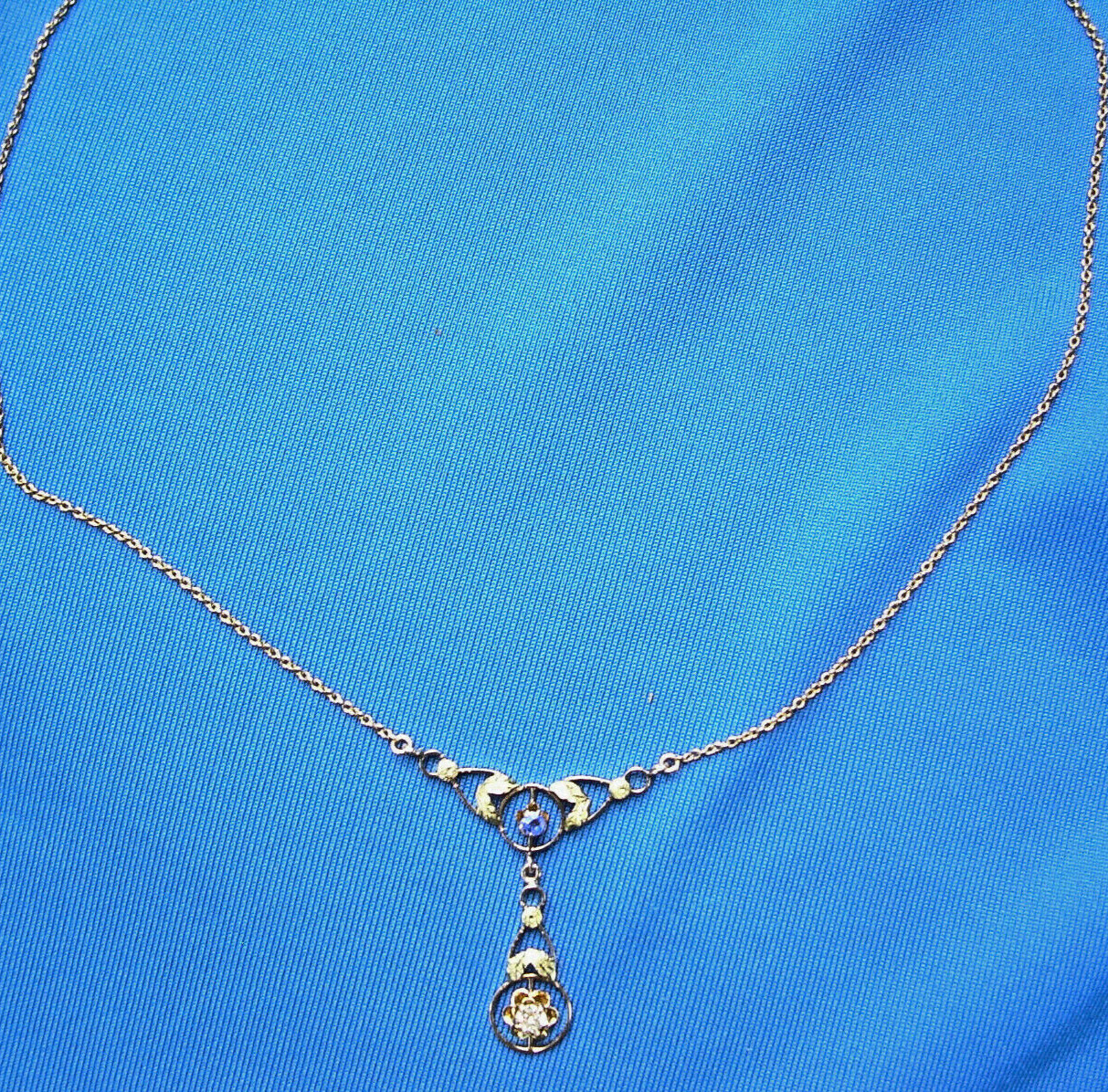 Original EARTH MINED DIAMOND SAPPHIRE Deco Pendant 14K GOLD Antique Necklaces