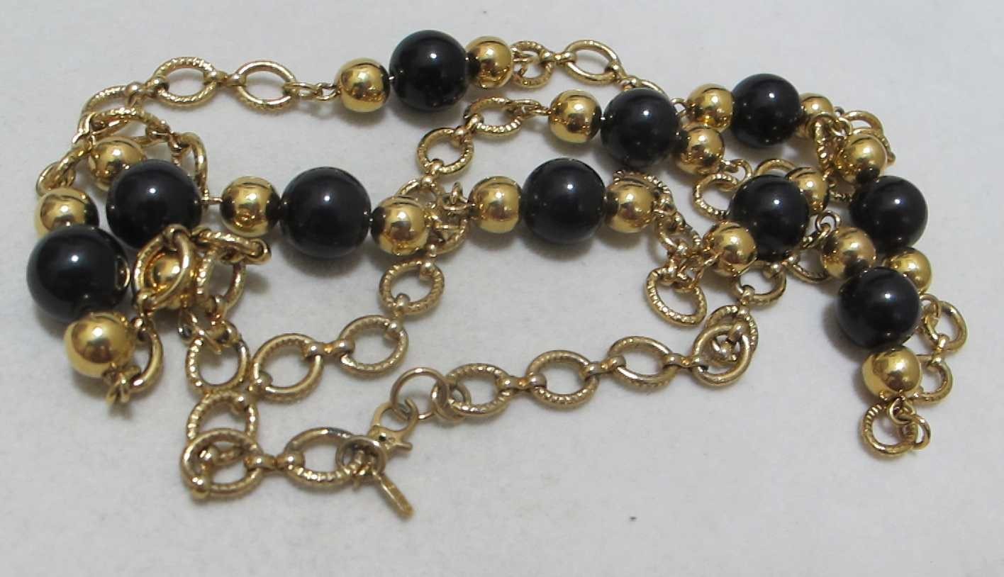 Vintage MONET Gold Tone Oval Links Black Bead Sister Clasp 34” Station Necklace