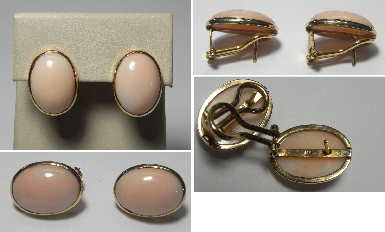 V327 Vintage Solid 18K Yellow Gold Light Pink Coral Omega Back Earrings