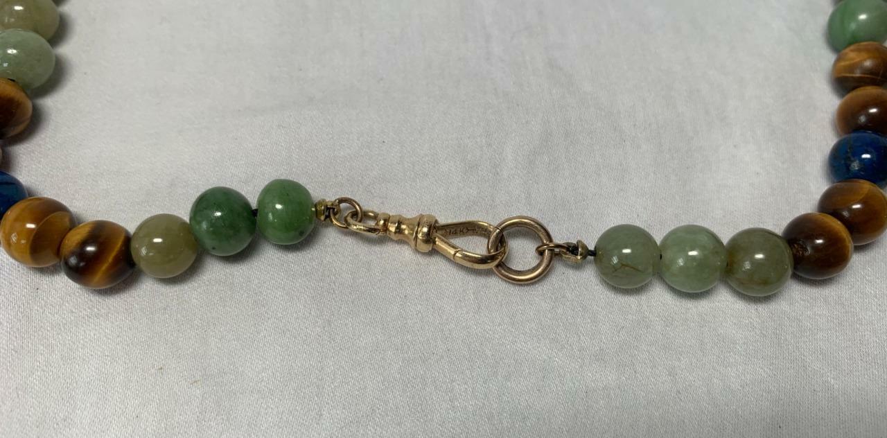 Jade Carnelian Lapis Malachite Tiger’s Eye 14 Karat Gold Necklace Dog Clip Clasp