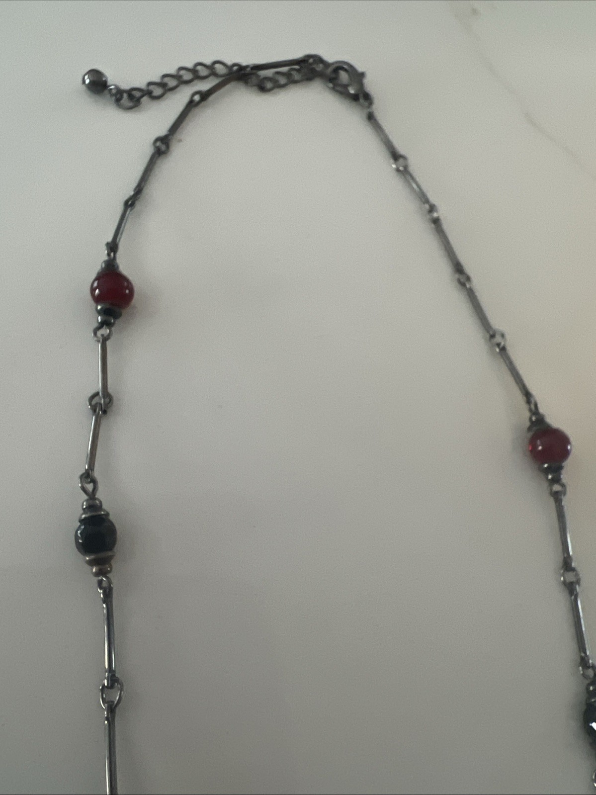 Designer Fringe Necklace Gun Metal Silver Tone Red White Black Glass Beads Chain