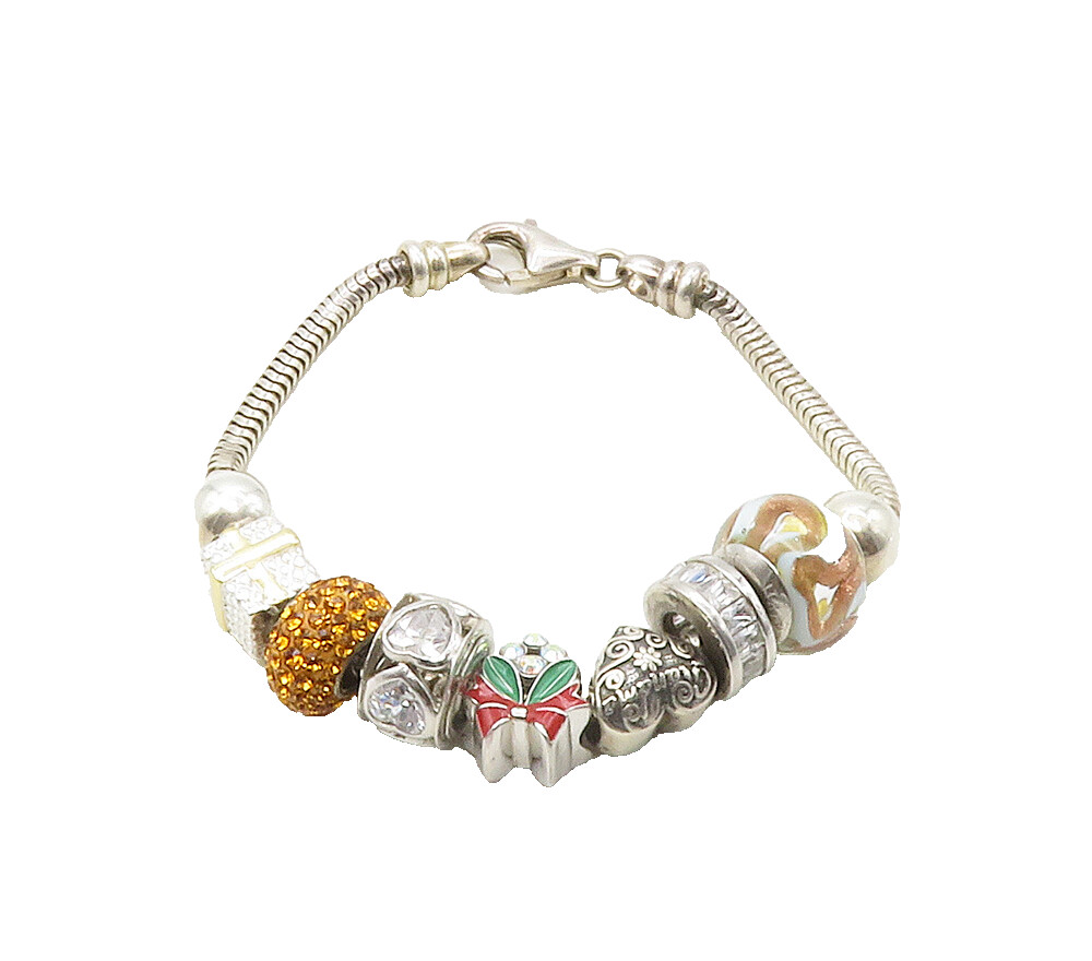 925 Silver Cubic Zirconia & Citrine Beaded Charms Chain Bracelet BT6581