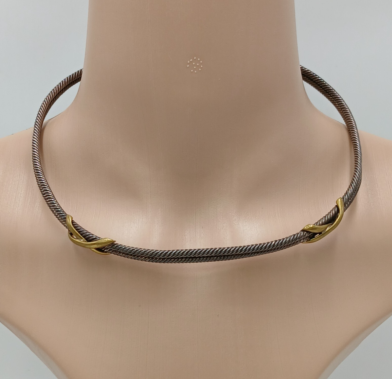 VTG 925 Taxco Mexico Heavy Cable Choker Necklace 61g Two Tone Accent End Caps