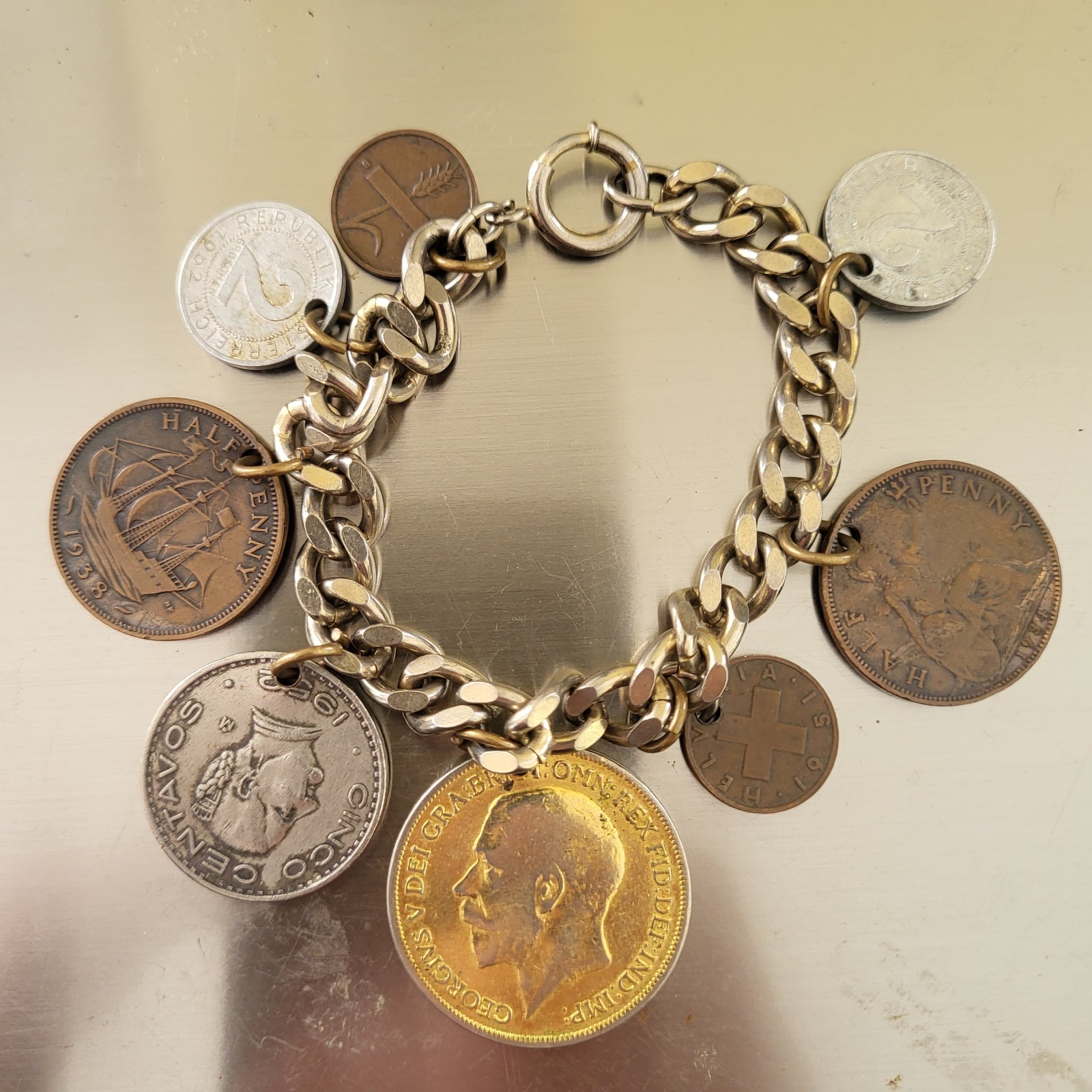 VTG 8 Foreign Coins Tokens of the World Charm Bracelet Silver Tone 1930s-1950s
