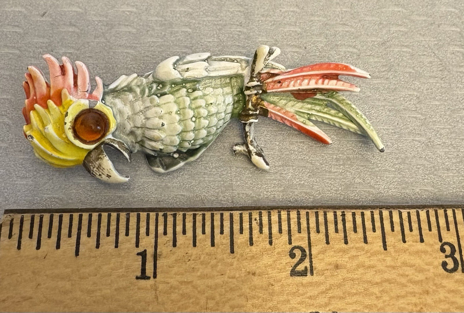 Vintage Enamel Cockatoo Parrot Bird Brooch Colorful Amber Glass Cabochon Eye