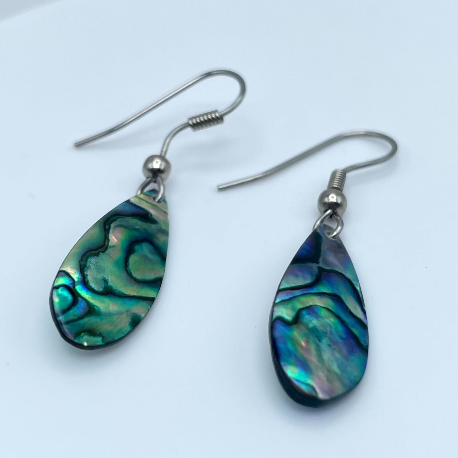 Vintage Silver-Tone Iridescent Paua Abalone Shell Teardrop Drop Hook Earrings