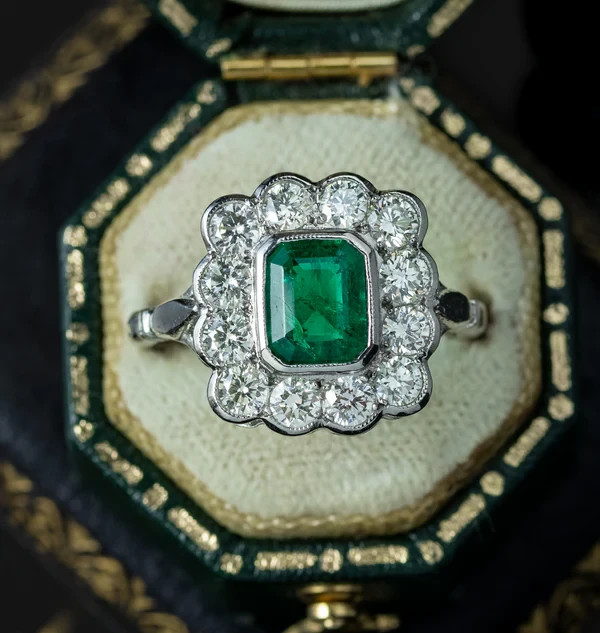 Art Deco 3.30Ct Natural Emerald Vintage Wedding Ring 14K White Gold Finish