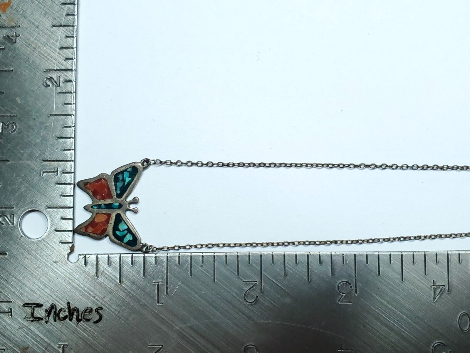 Vintage Butterfly Silver Turquoise Coral Chip Inlay Enamel Pendant Necklace