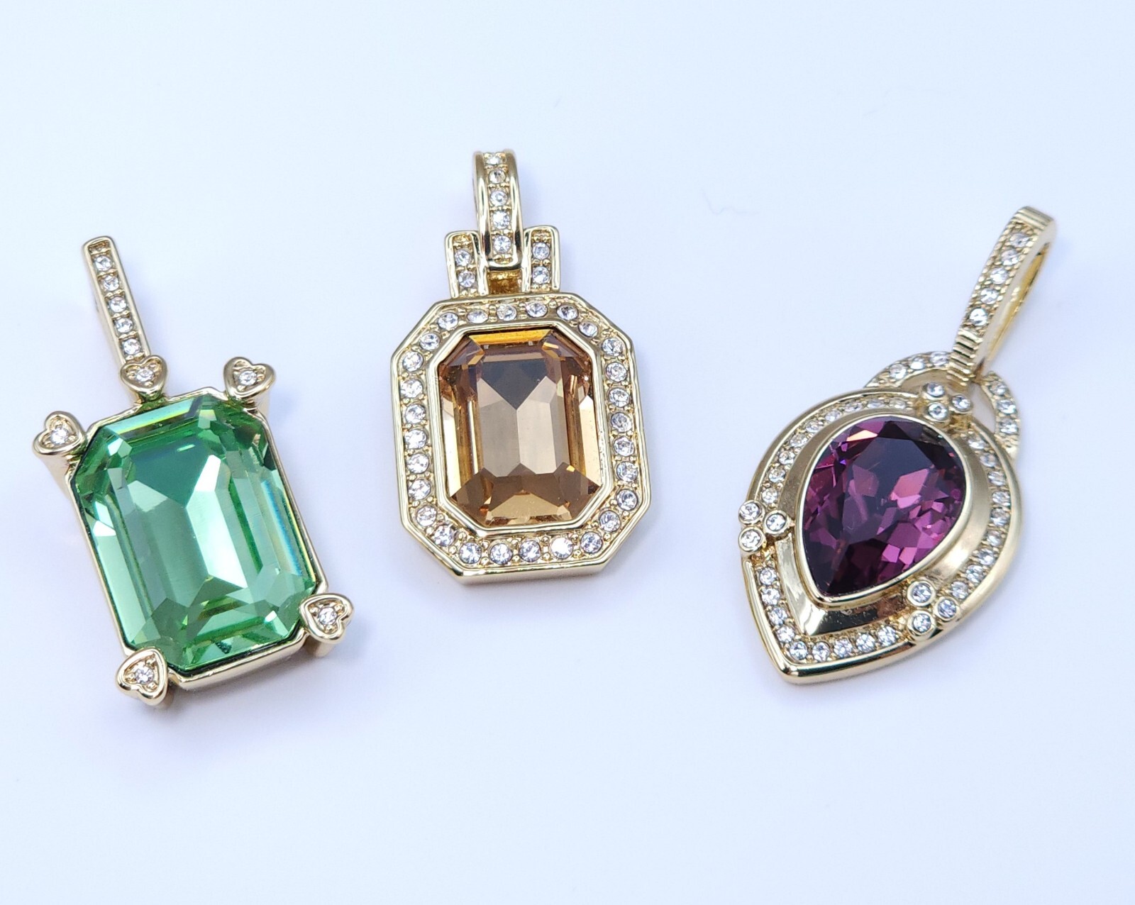 Pendant Lot Of 3 Purple Yellow green white clear rhinestone pendants Gold tone