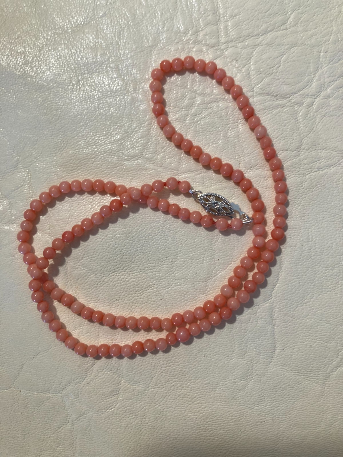 Dainty Angelskin Coral Necklace, 3mm, 17.5″, Sterling Clasp