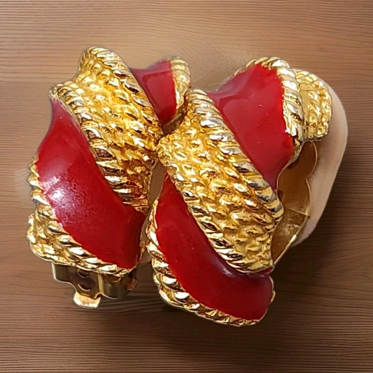 Vintage Gay Boyer Red Enamel Gold tone Hoop Clip Earrings