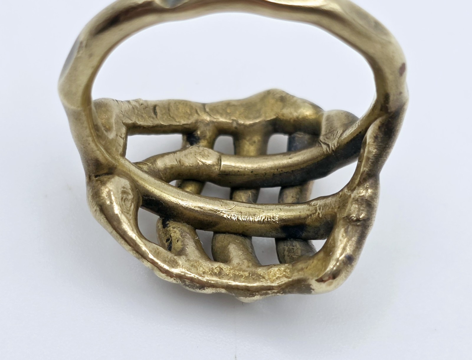 Vintage Brutalist Brass Skeleton Hand Ring Sz 8.75 MCM Modernist Goth Statement