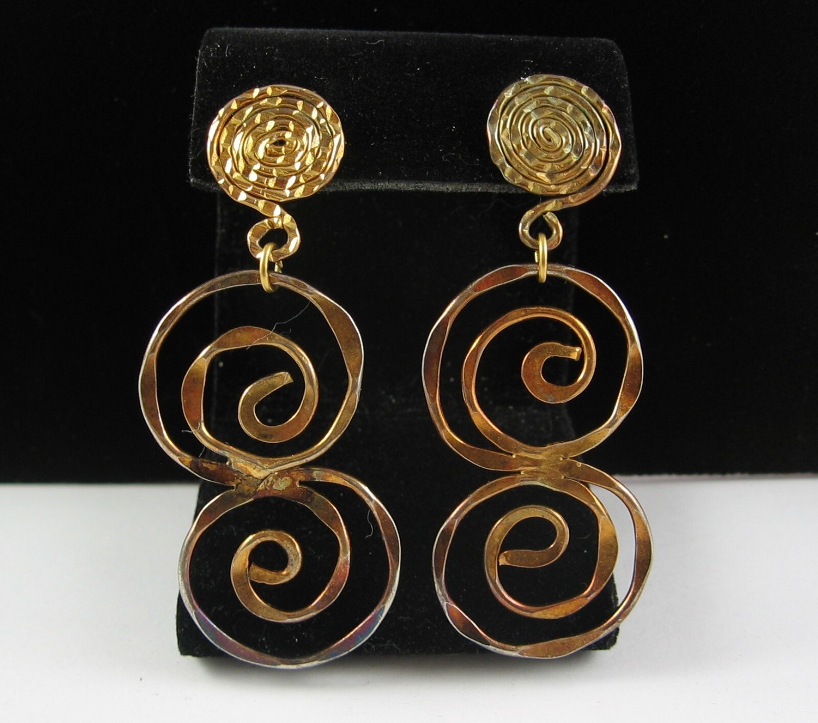 SPIRAL DANGLE EARRINGS Vintage Pierced Post Goldtone Handcrafted Tolarams 2 5/8″