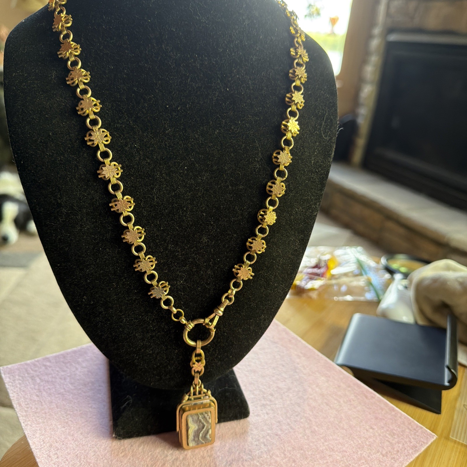 Victorian Lovely 59g Gold Fill Book Link Necklace GF Agate Bloodstone Locket Fob