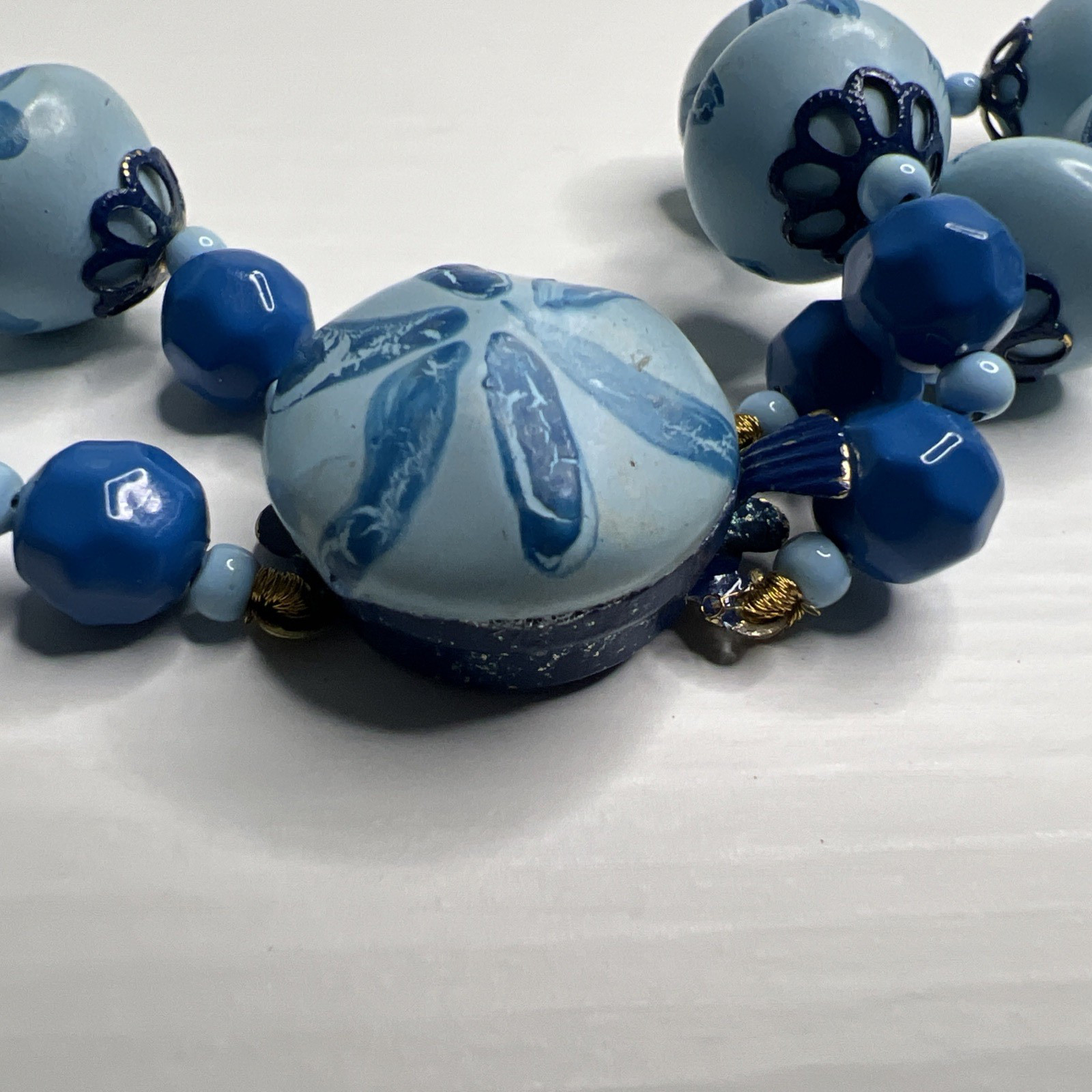 Hong Kong Blue Painted Bead Double Strand Necklace Box Tab Clasp