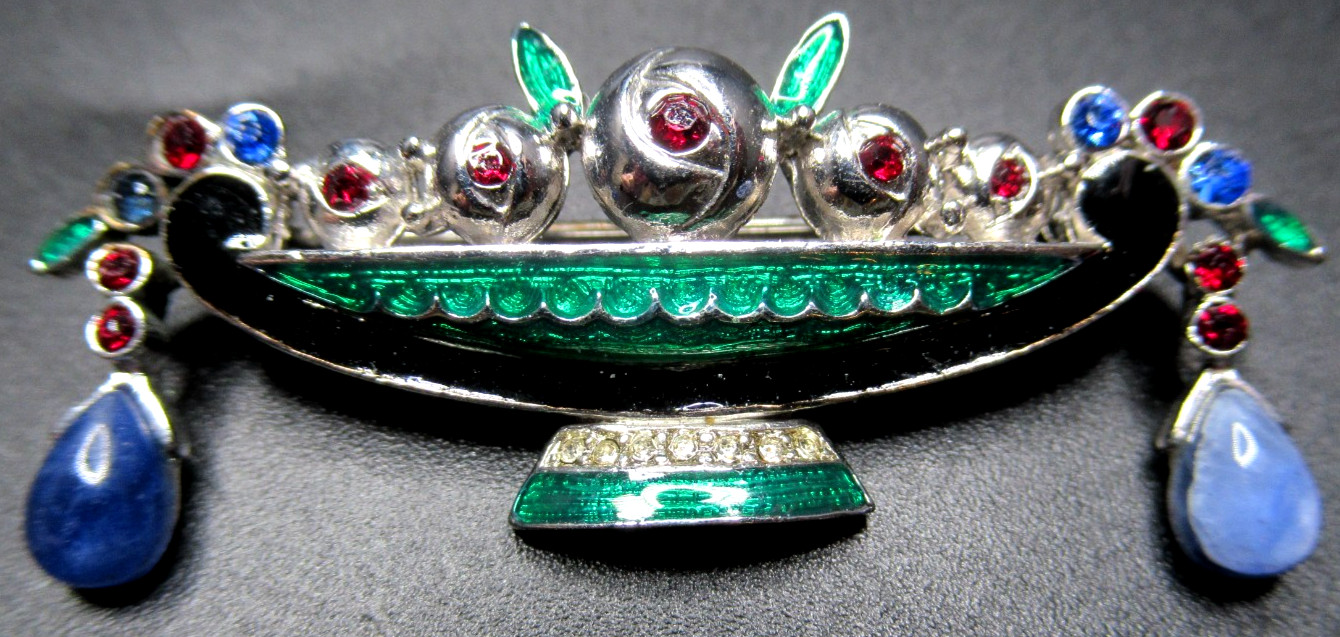 Amazing Enamel Red Blue Rhinestone Vase Vintage Pin Brooch