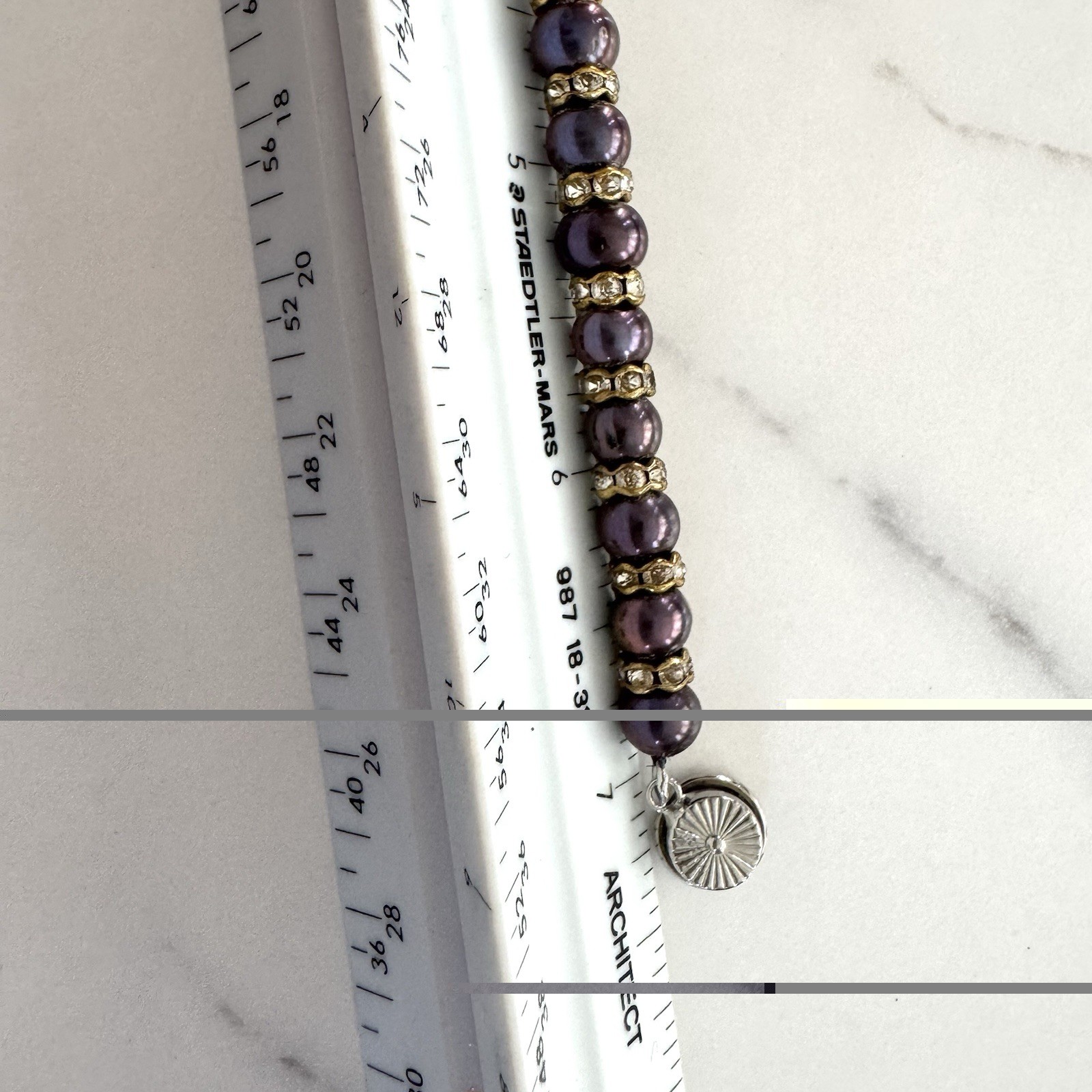 VTG Freshwater Pearl Bracelet Peacock Purple Rhinestone Rondelles Box Clasp 7.5”
