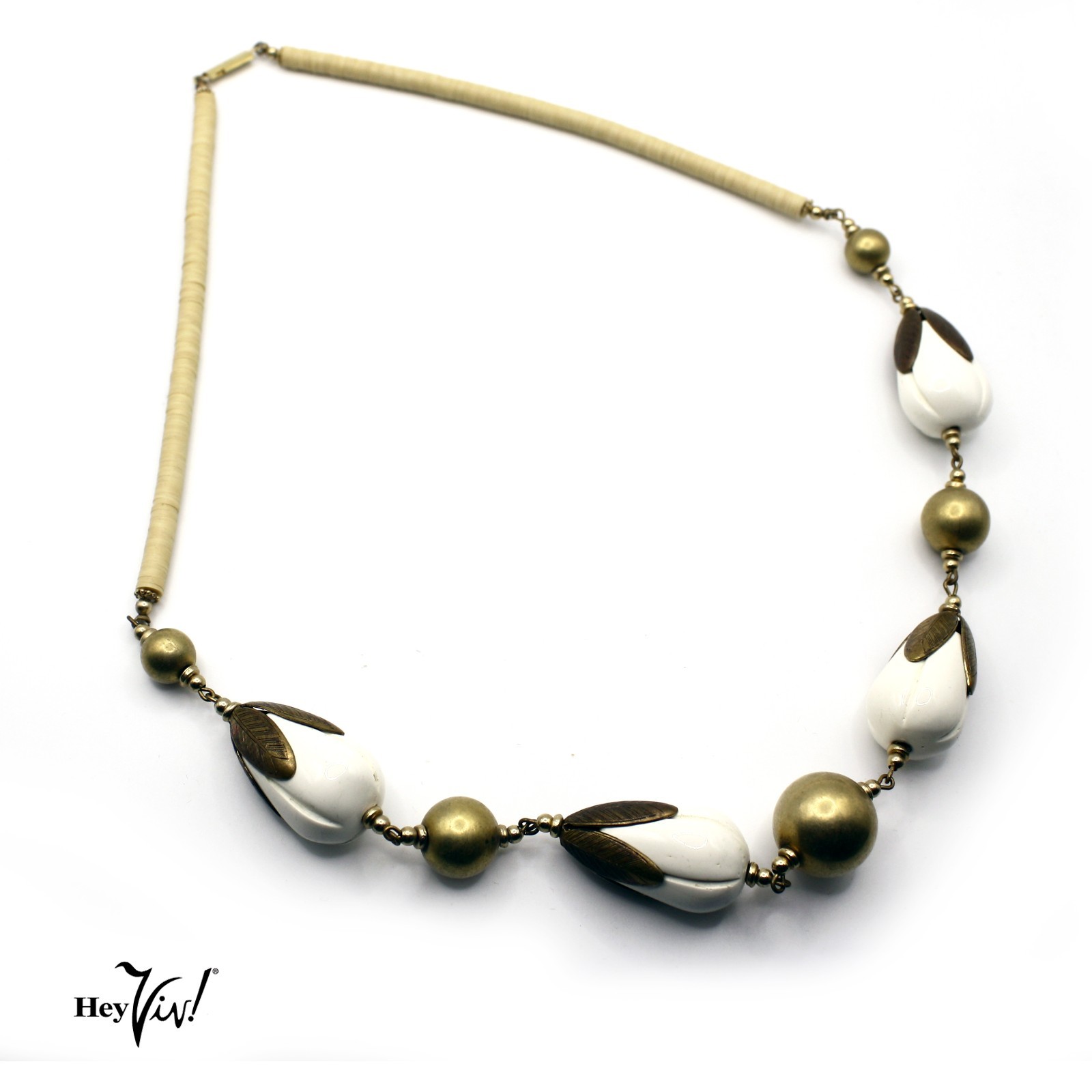 Vintage Statement Necklace Ivory and Gold Color Beads w Leaf Design 23″ -Hey Viv