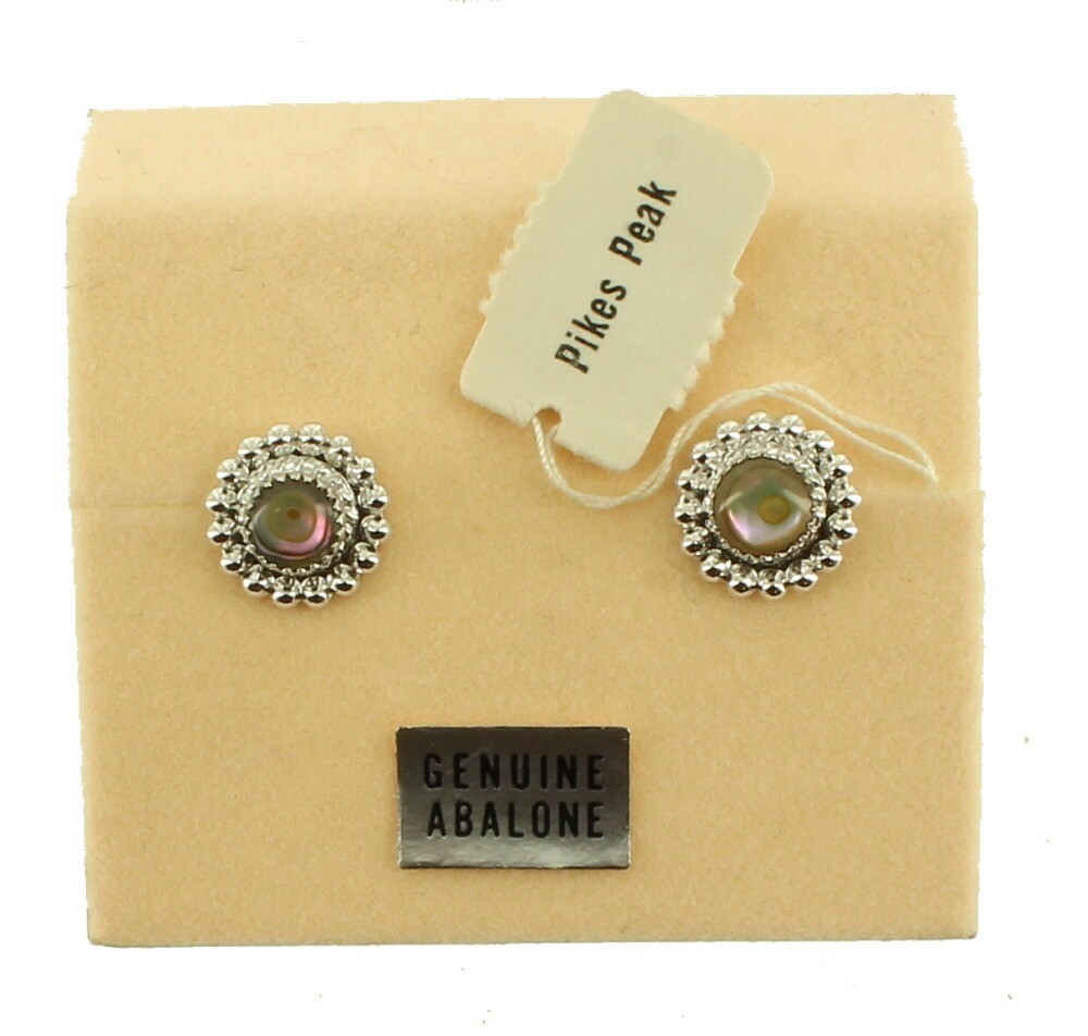 Vintage 1950’s Abalone Pikes Peak Colorado Silver Plated Post Earrings Orig Box