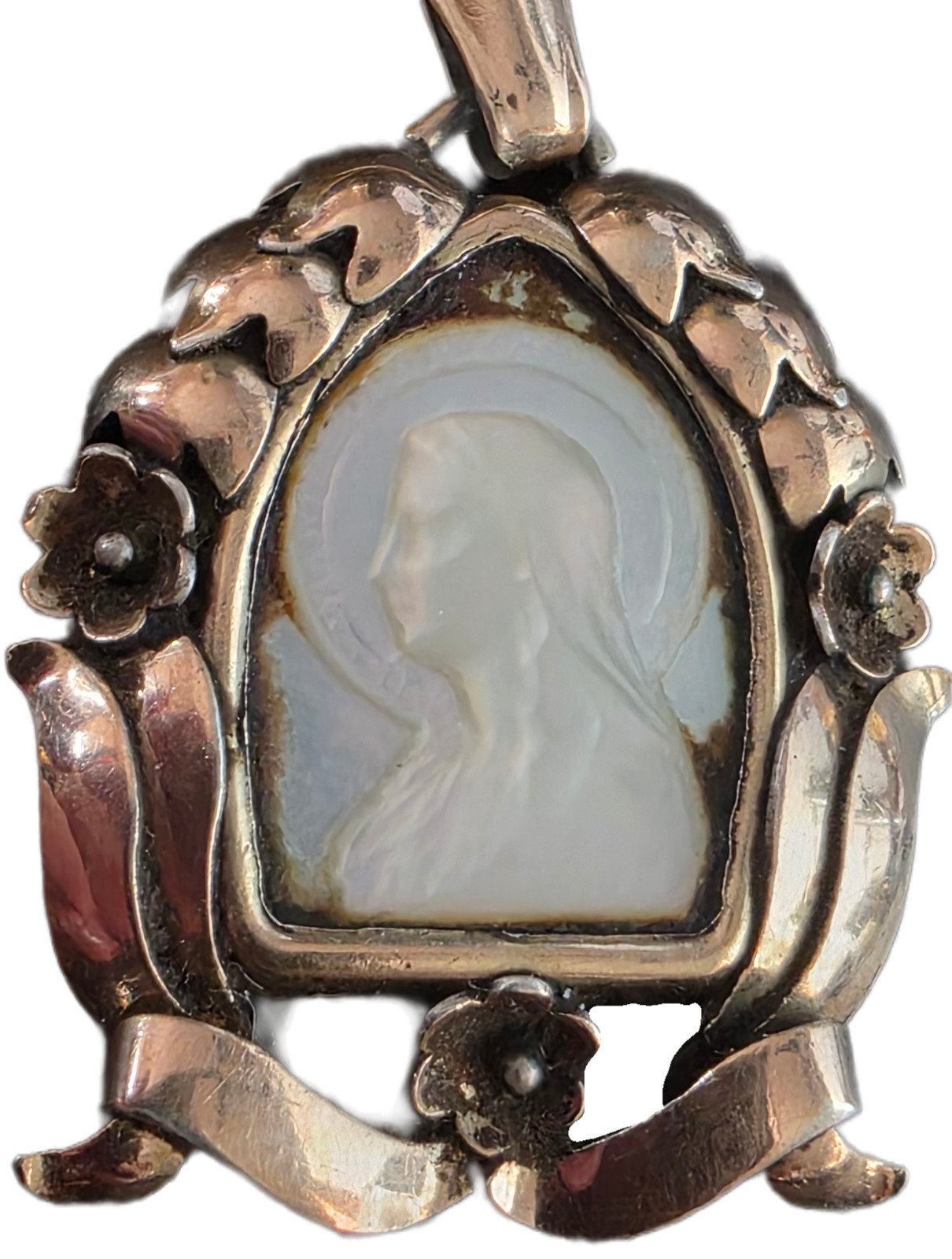 Antique Silver-Gilt Devotional Pendant with Mother-of-Pearl Madonna, c. 1890