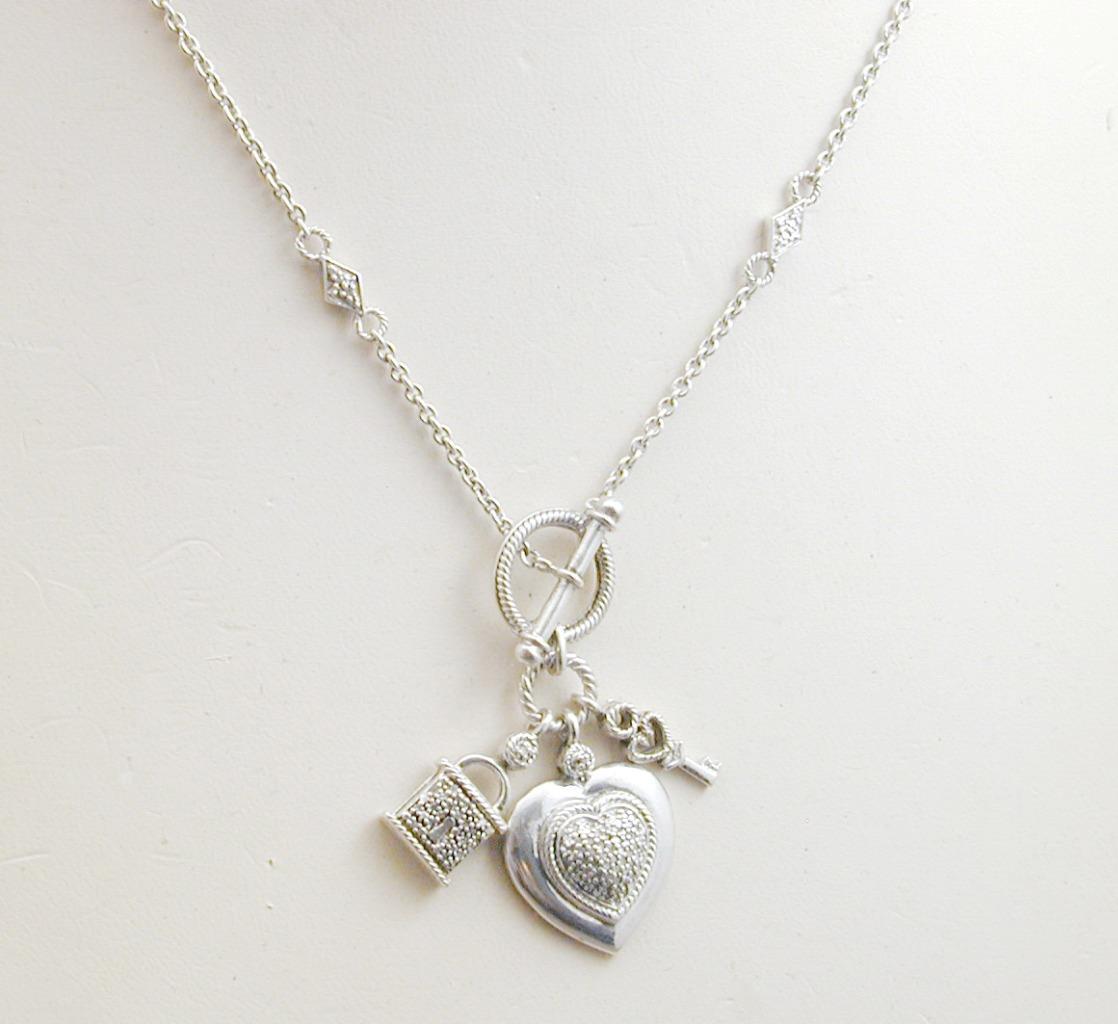 JWBR Sterling Pave Diamond Heart Lock & Key Charm Station Necklace