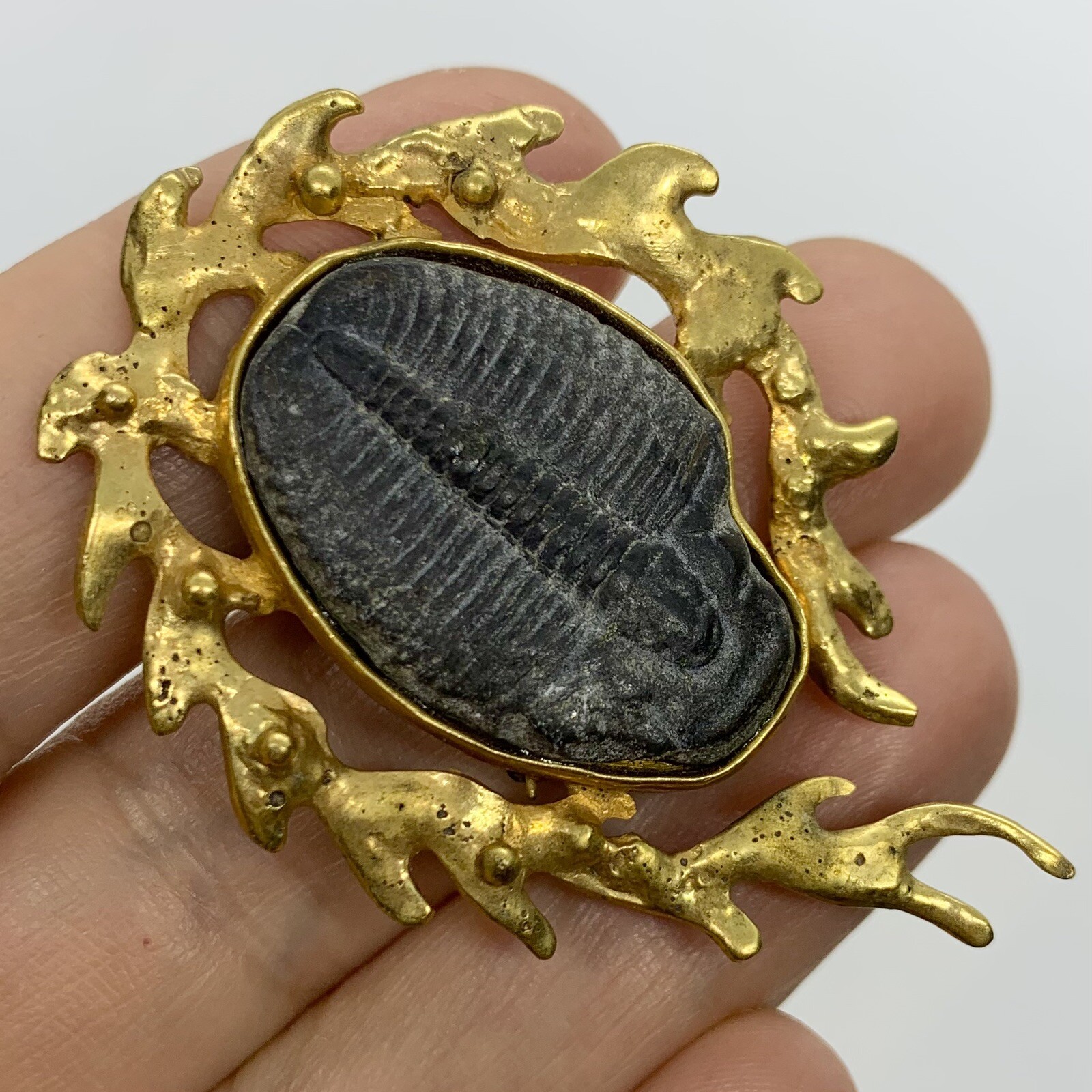 VTG SIGNED STEFANO TANASESCU MEXICO TRILOBITE FOSSIL BRUTALIST RARE BROOCH PIN