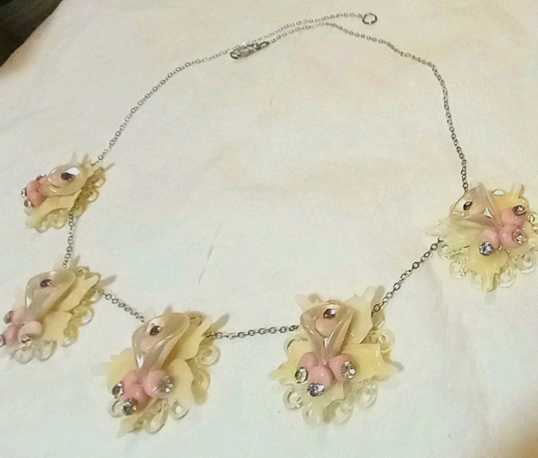 Vintage Necklace Shell Celluloid Rhinestone Floral Cluster 925 Sterling Silver