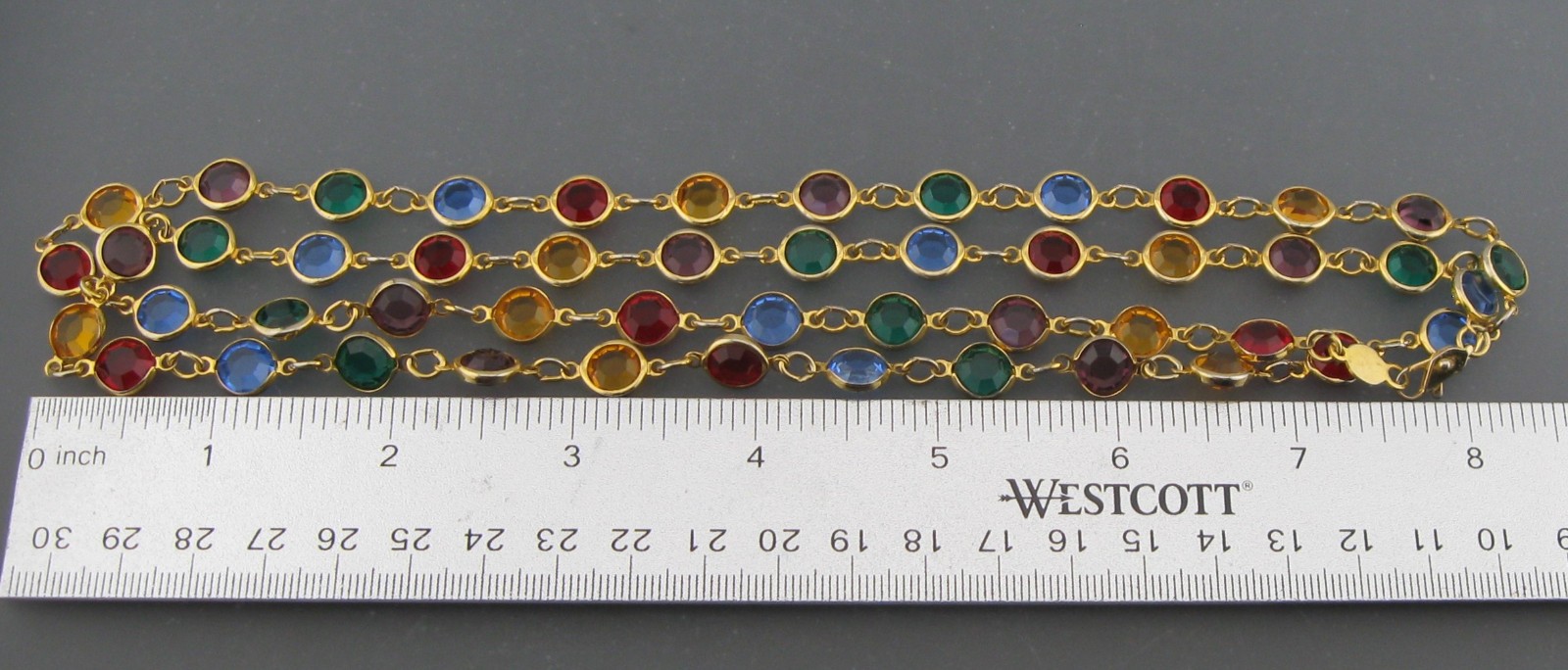 Vintage Austrian Bezel Set Crystal Multi Color Long Gold Tone Necklace 36″