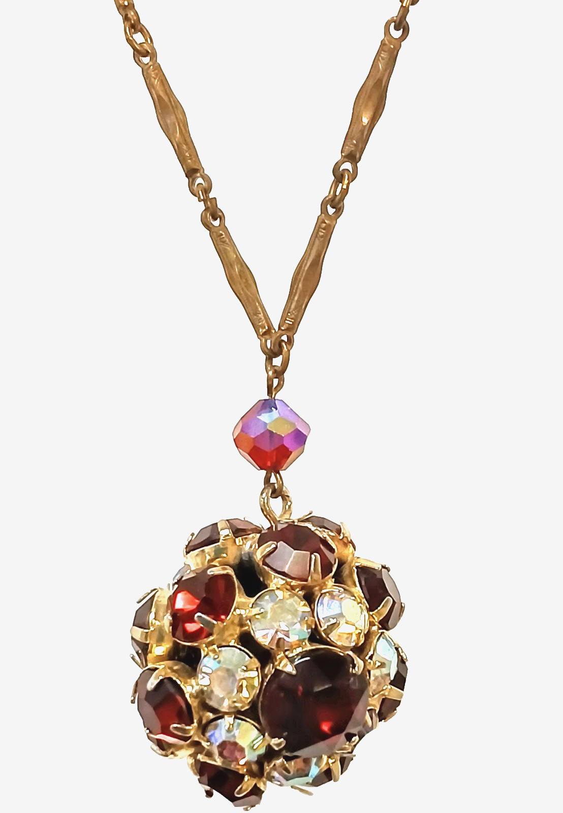 VTG Necklace Red Ball Sparkly Rhinestones Clear & Red prong set 28″ long end2end