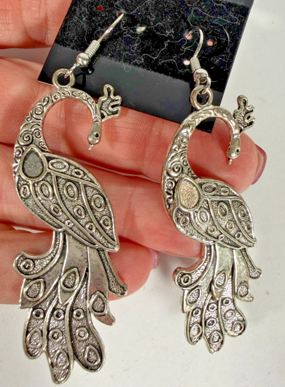 Dangle Drop Silver Tone Peacock Pierced Hook Earrings