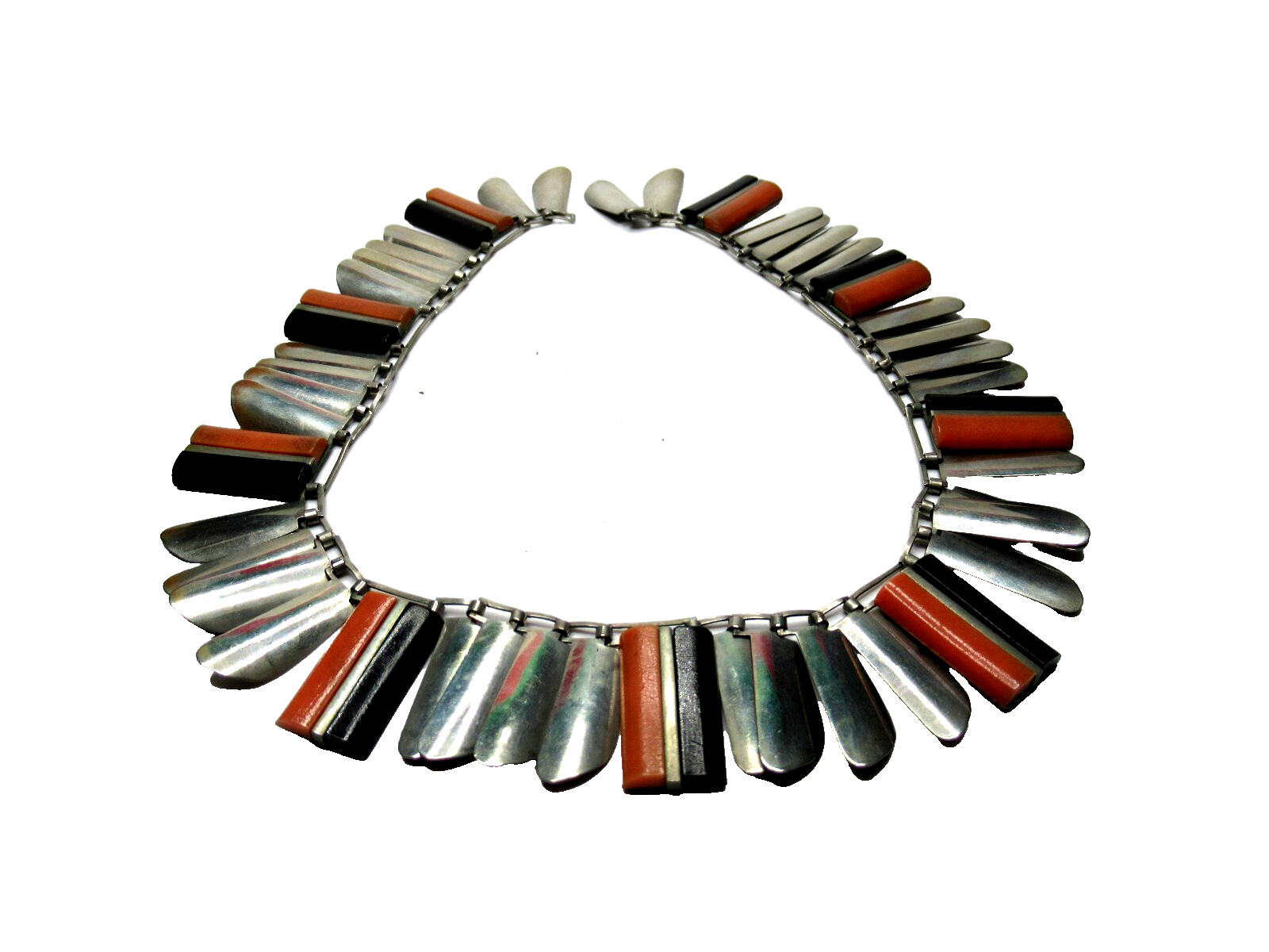 Black Onyx & Orange Coral Silver Vintage Collar Necklace