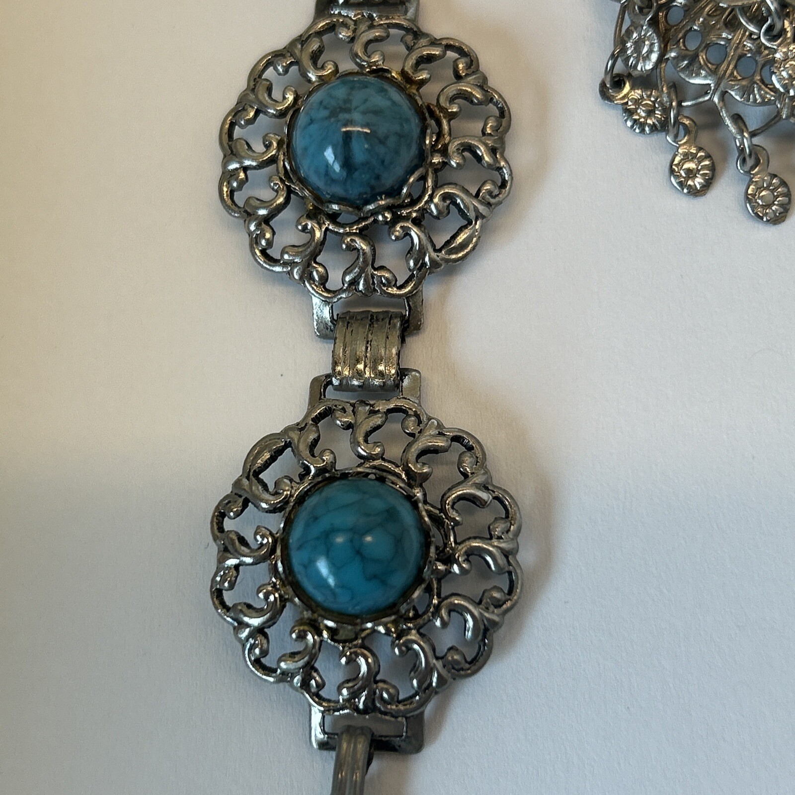 Faux Turquoise Bracelet 2 Earrings Silver Tone Southwestern Boho Tribal Filigree