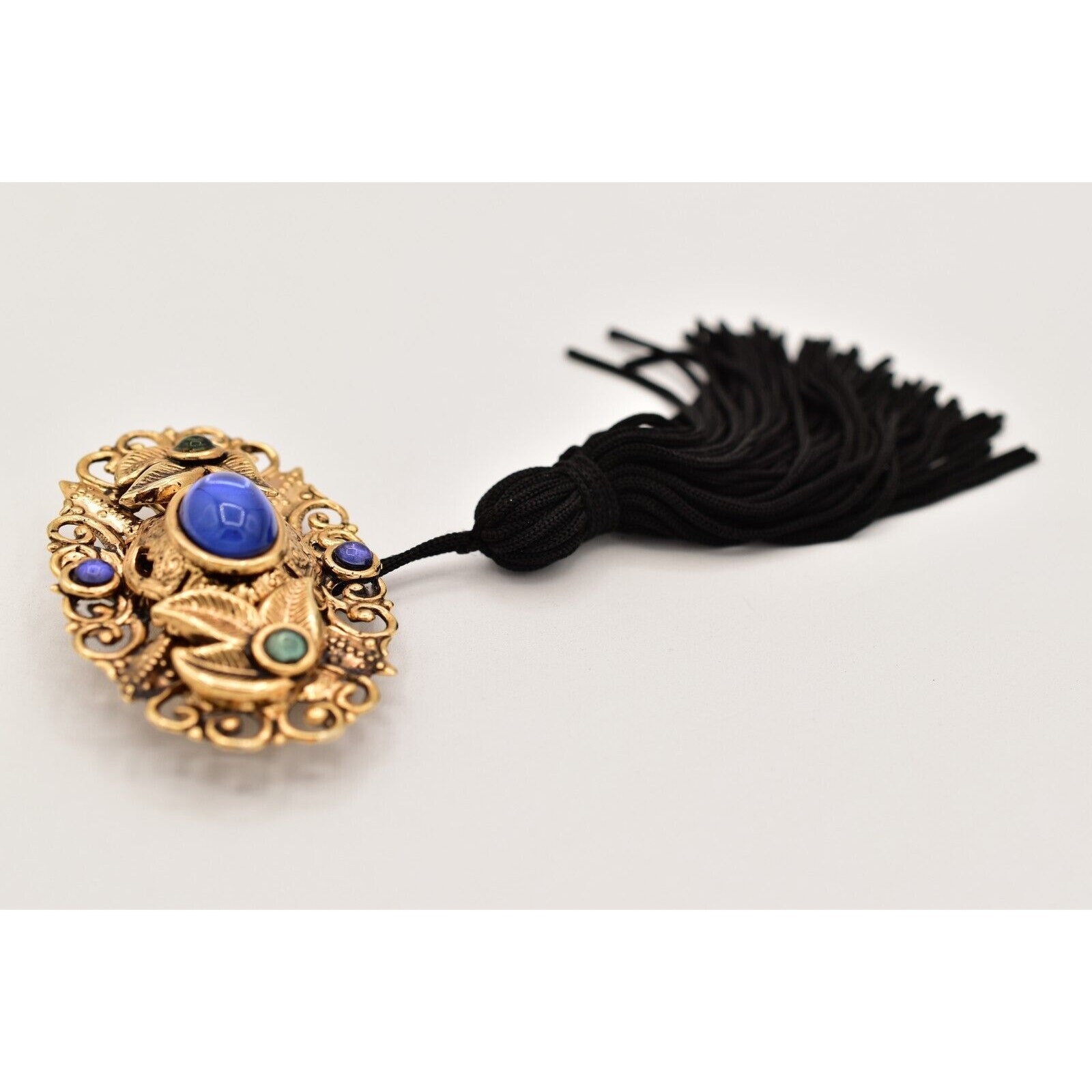 Vintage Cabochon Tassel Pin Brooch Lightweight Antiqued Gold Blue Black BinBG