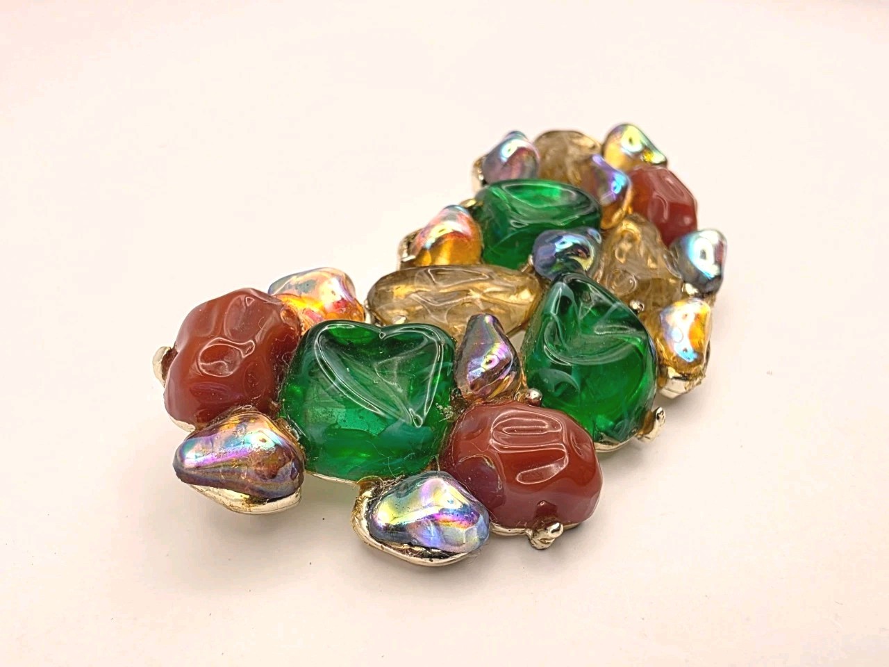 Vintage Hi End Multicolor Poured Marbled Glass Prong Set Silvertone Brooch