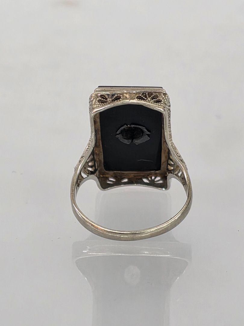 Victorian 14k White Gold Filigree Diamond & Black Onyx Ring Size 4.75