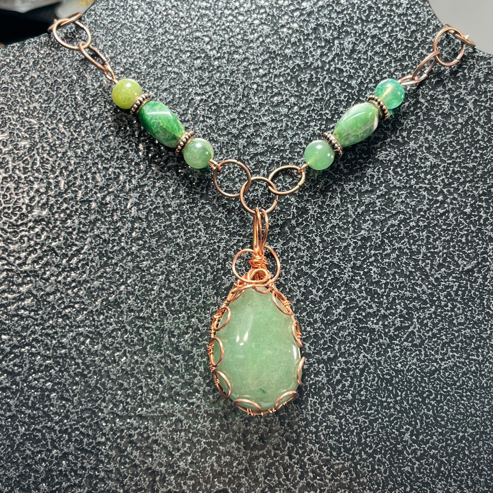 Aventurine Teardrop 1 1/4″ Cabochon Necklace Pendant Earrings 20″ Copper Bezel