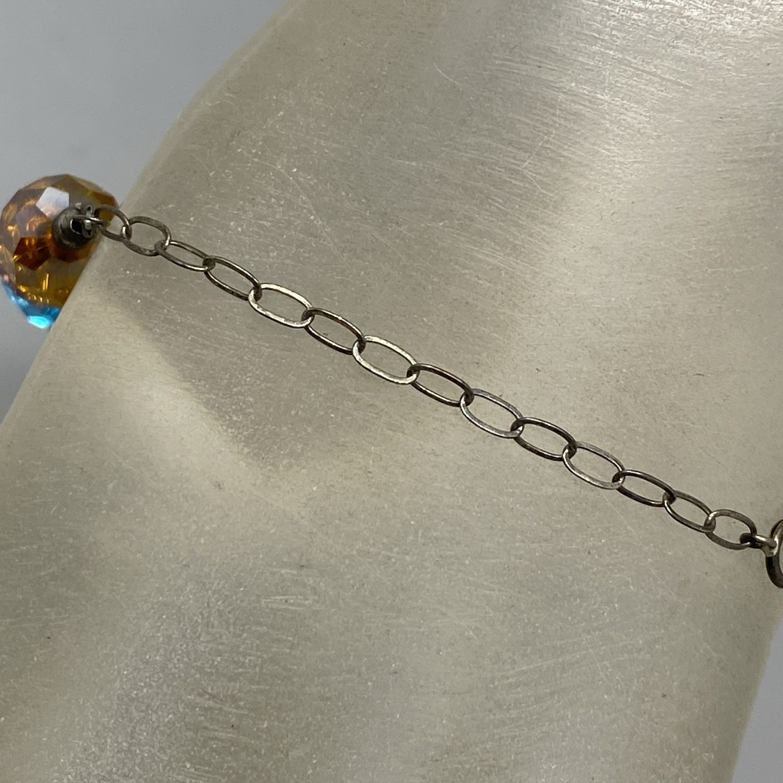 Glass Bead Bracelet Sterling Silver Chain Links Rainbow Faceted Fire Polished 7″