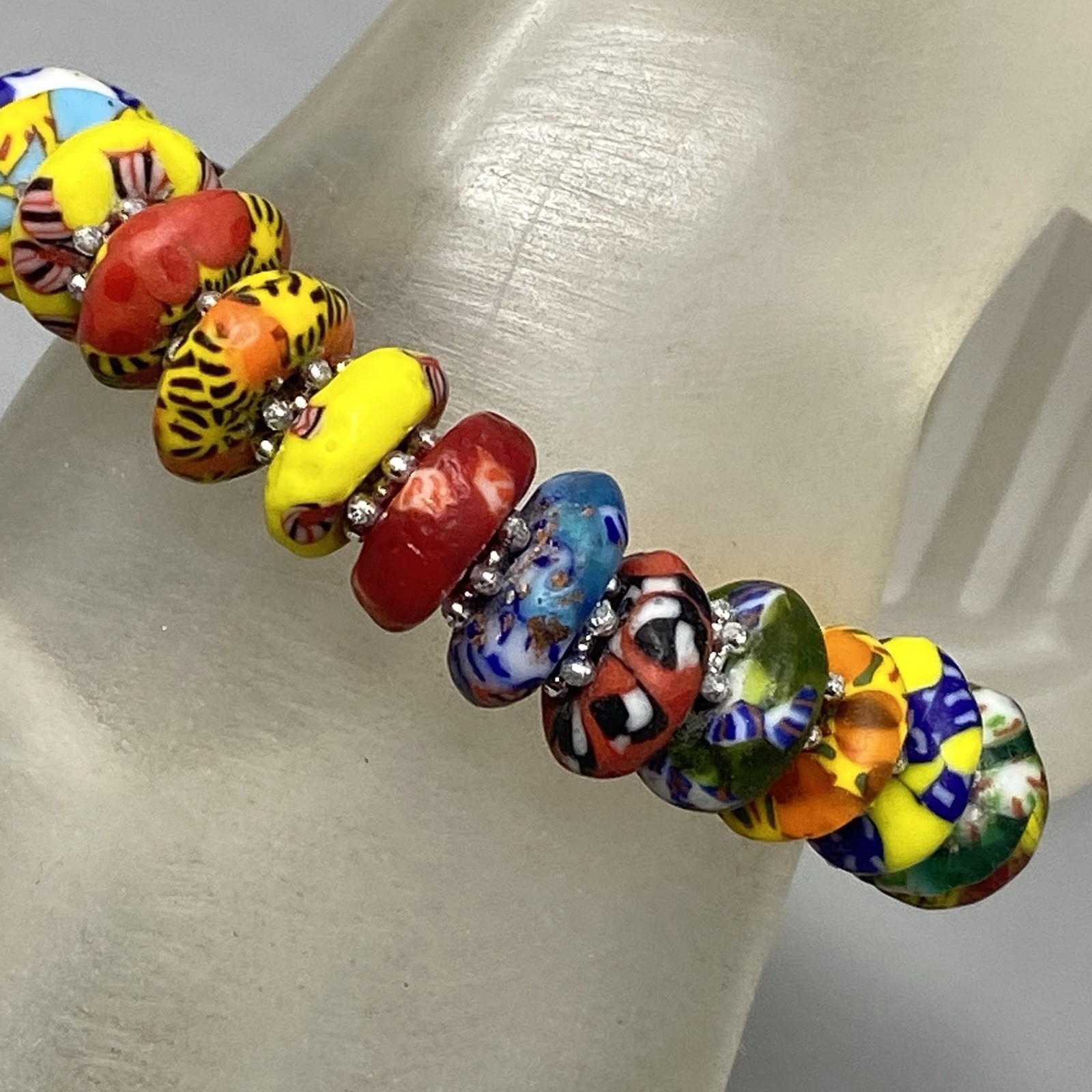 Krobo Beaded Bracelet Stretch Recycled Glass Ghana Multicolor Rondelle Donut 6.5