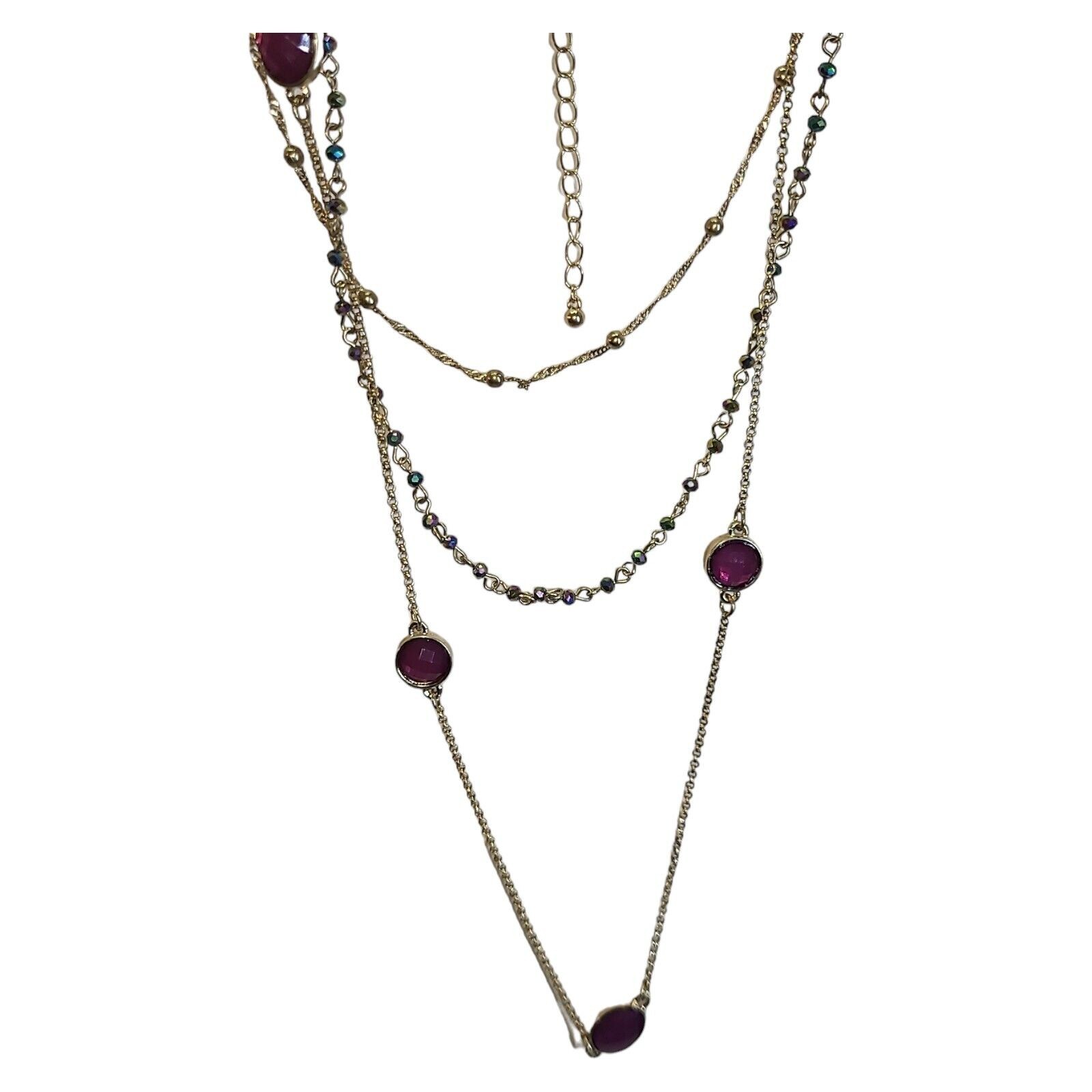 Gold Tone 3 Strand Aurora Borealis Crystal & Pink Acrylic Station Necklace 32″