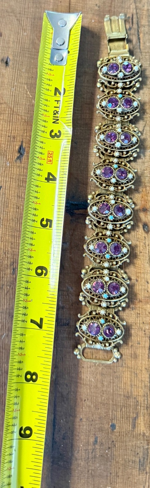 Fab Vintage Victorian Revival Cast Gold Wash Bracelet purple turquoise pearl