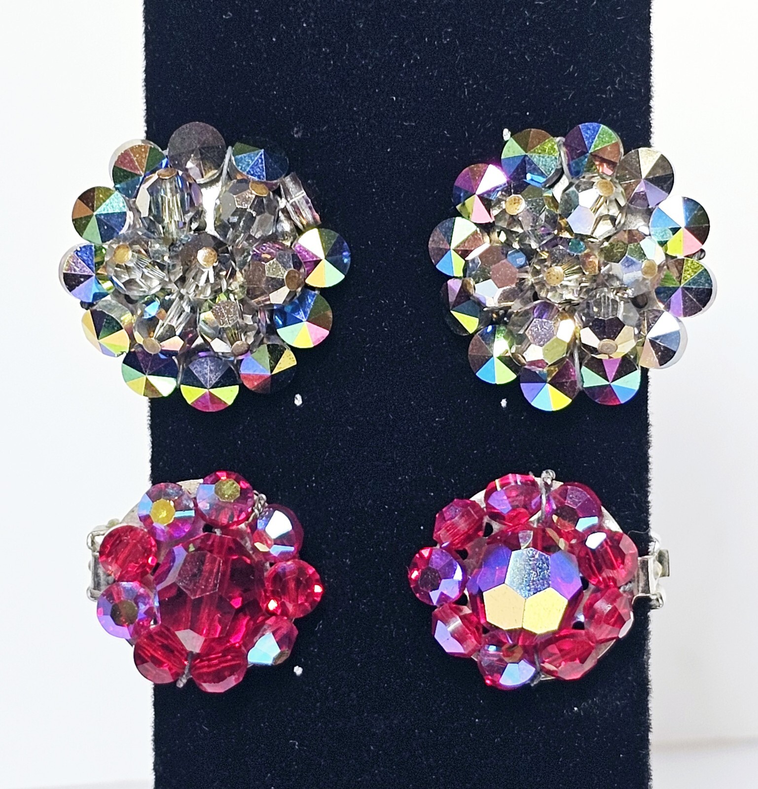 2 Pairs Vtg Aurora Borealis Iridescent Crystal Bead Cluster Clip Earrings 1 Red