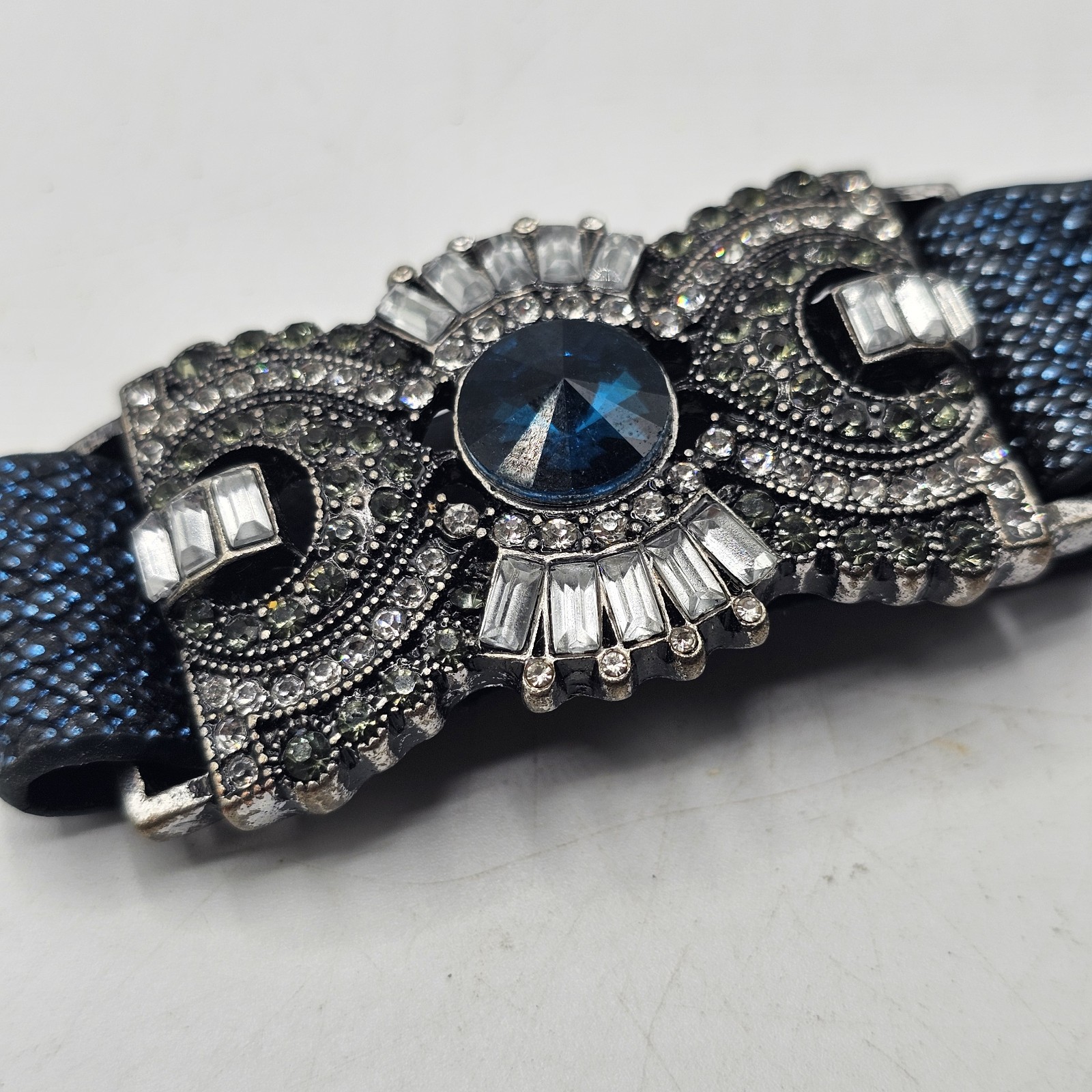 Vintage Yik Fung Leather Rhinestone Bracelet Blue & Silver