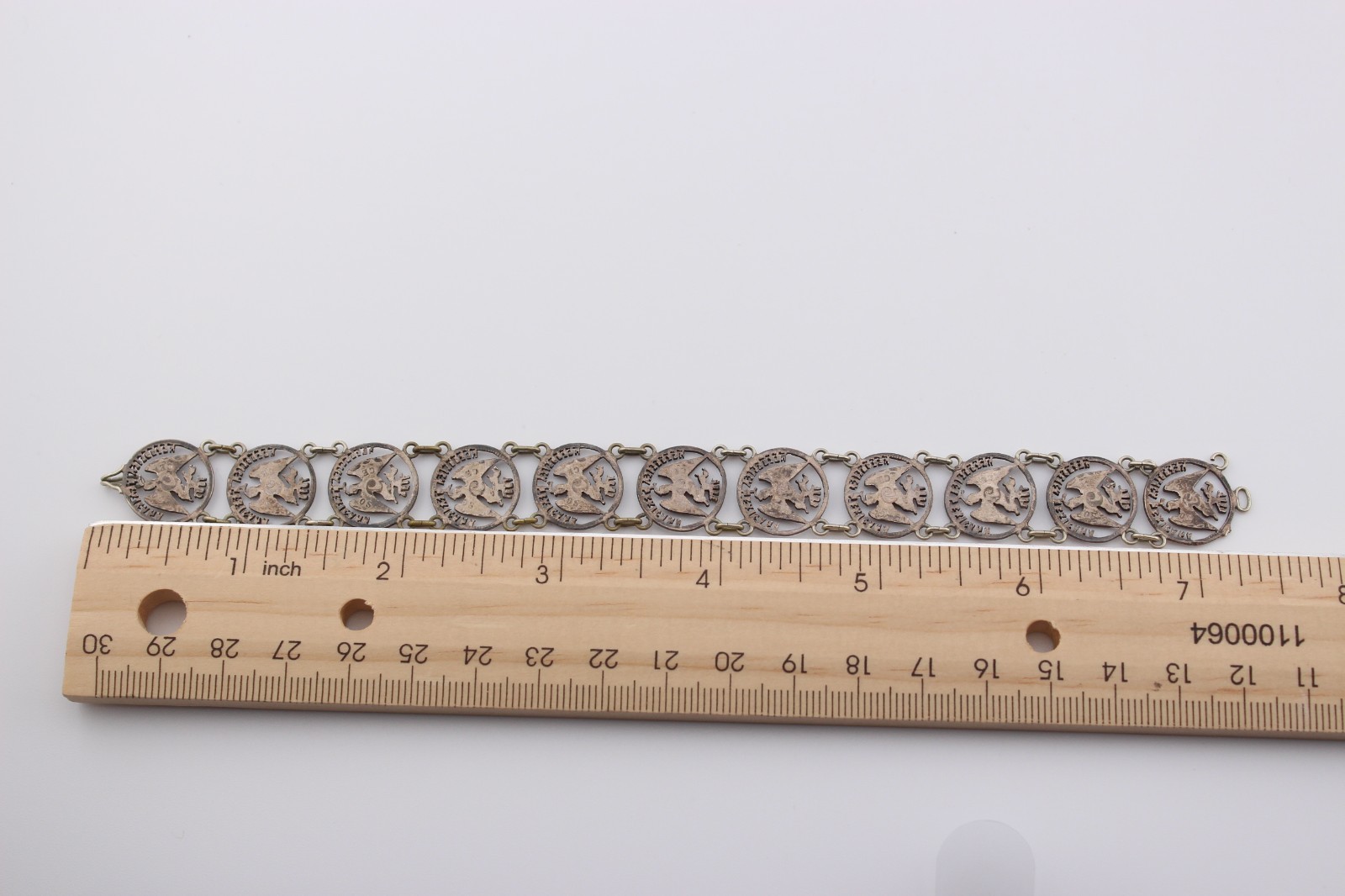 Antique 1880s silver Mexican Republic cut out coin panel bracelet 7.25″