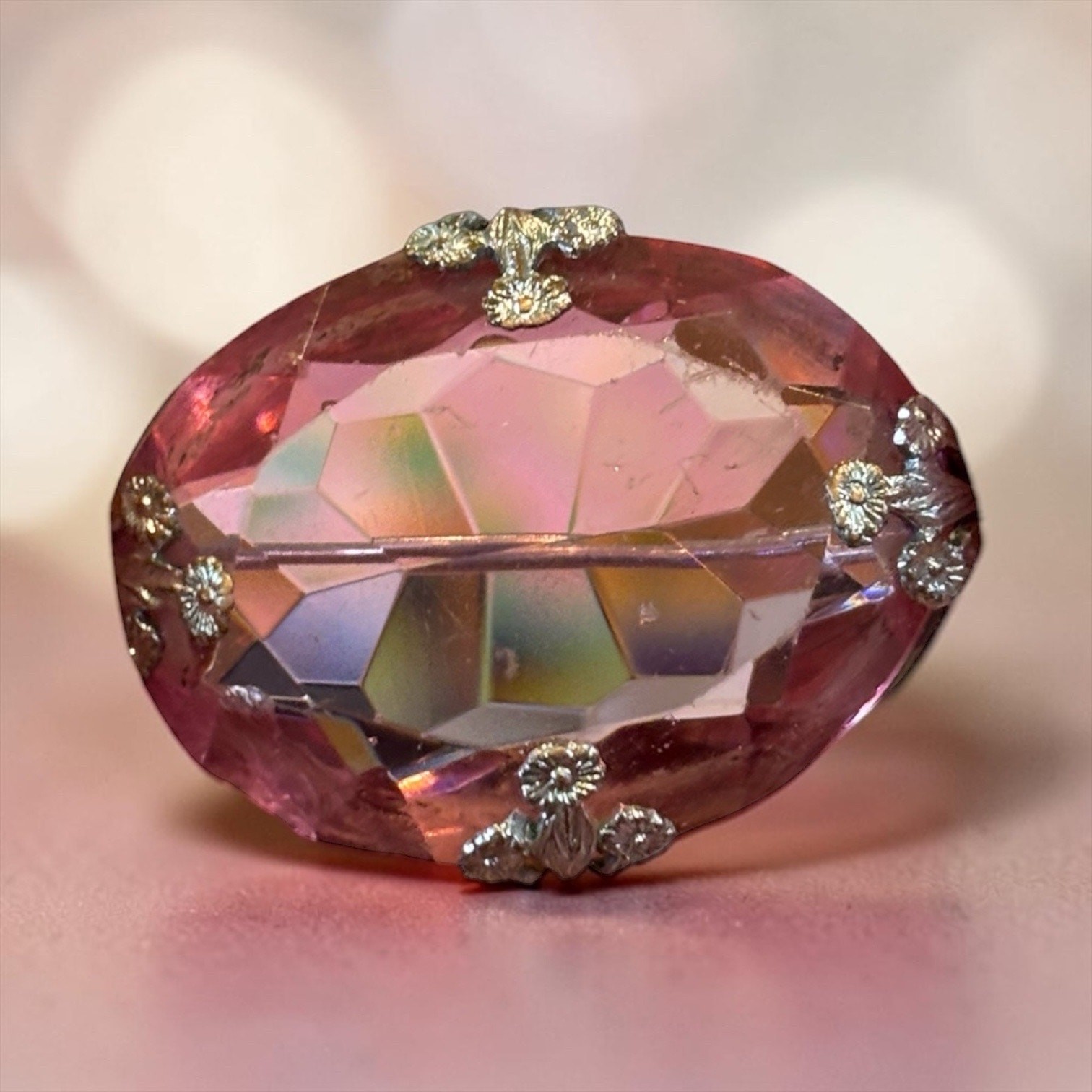 Vintage Pink Art Glass Brooch Faceted Crystal Cabochon Silver Tone Pin