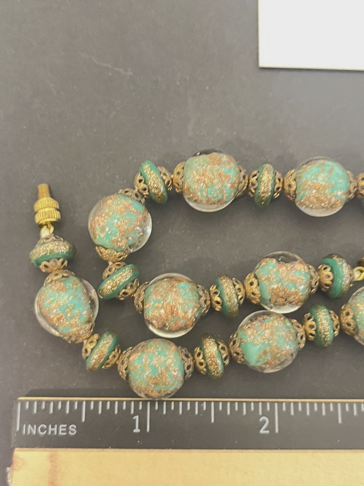 Vintage Murano Foil Glass Necklace Beaded Venetian Italy Estate Jewelry Green