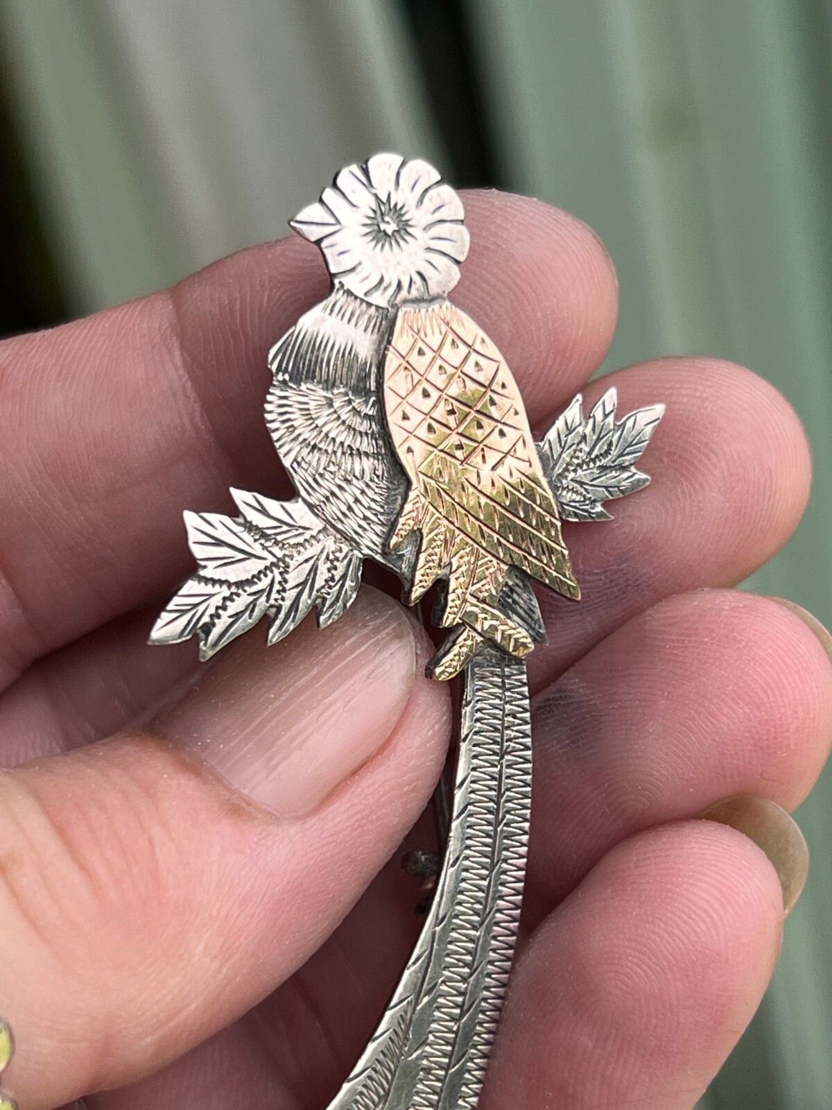 Guatemala Quetzal Bird brooch 925 Silver & gold filled diamond cut design 3 1/2