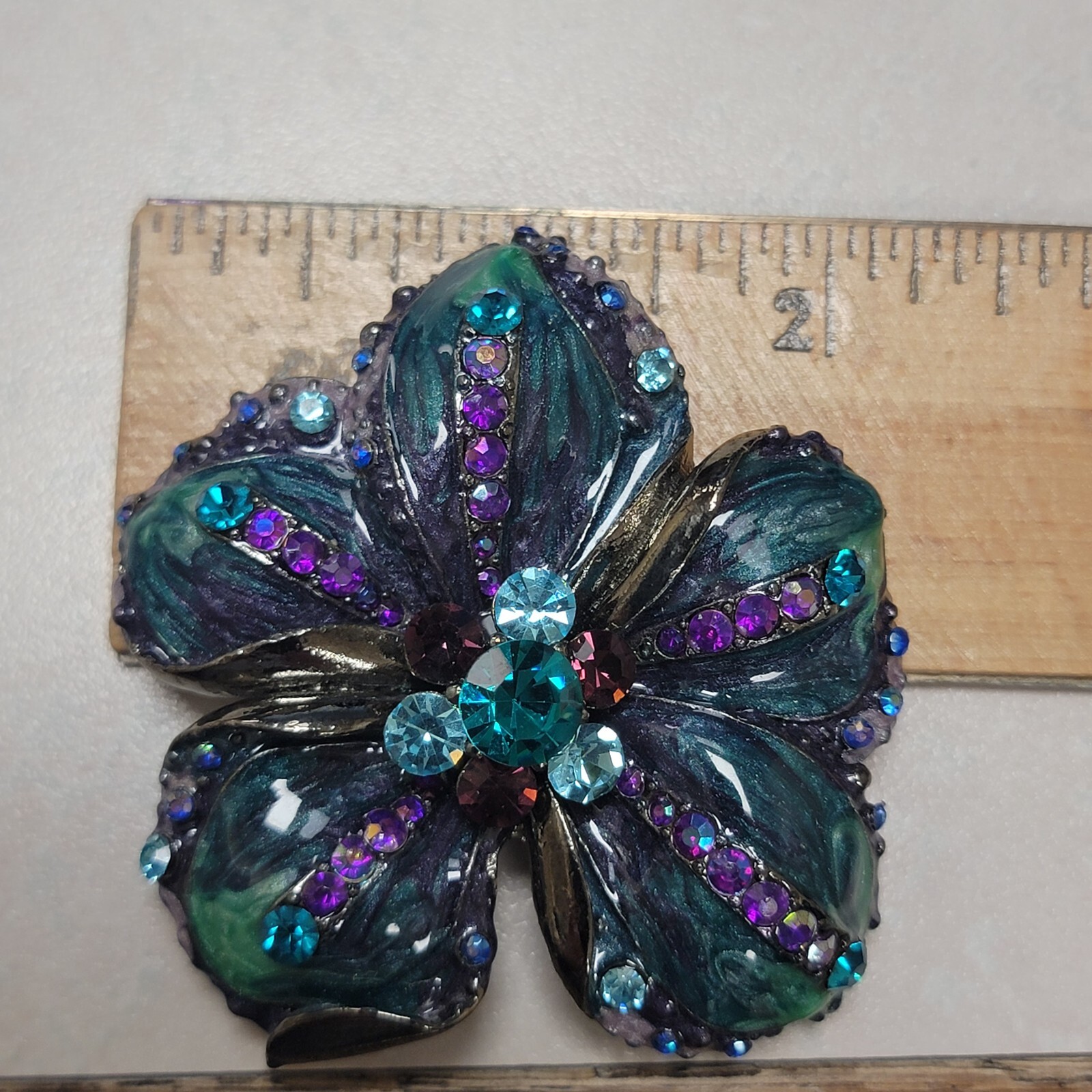 Vtg Estate Brooch 2″ Teal Purple Green Light Blue Rhinestone