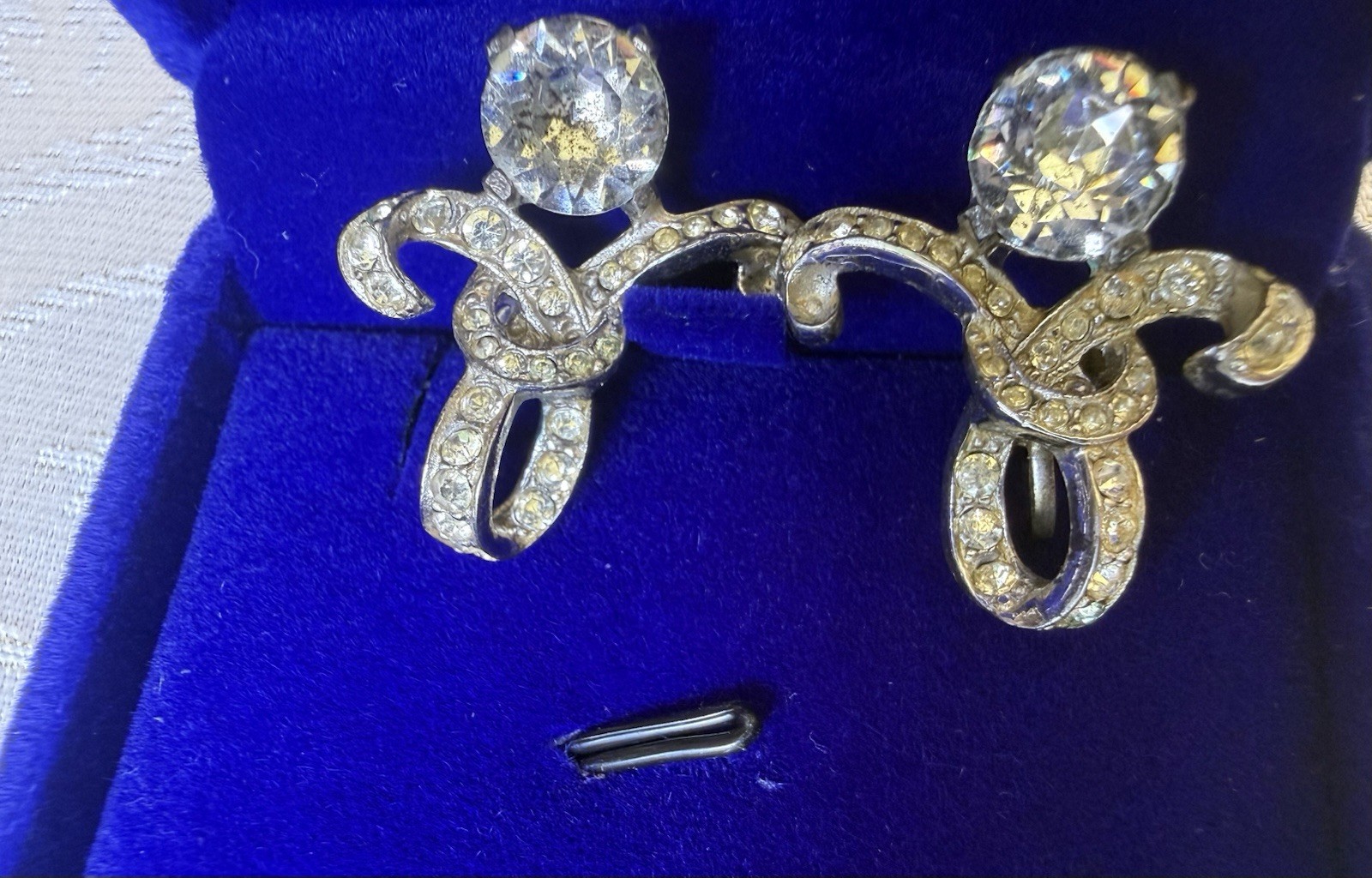 Vintage Sterling Clear Rhinestone Ribbon Earrings with Tension Based Clip On