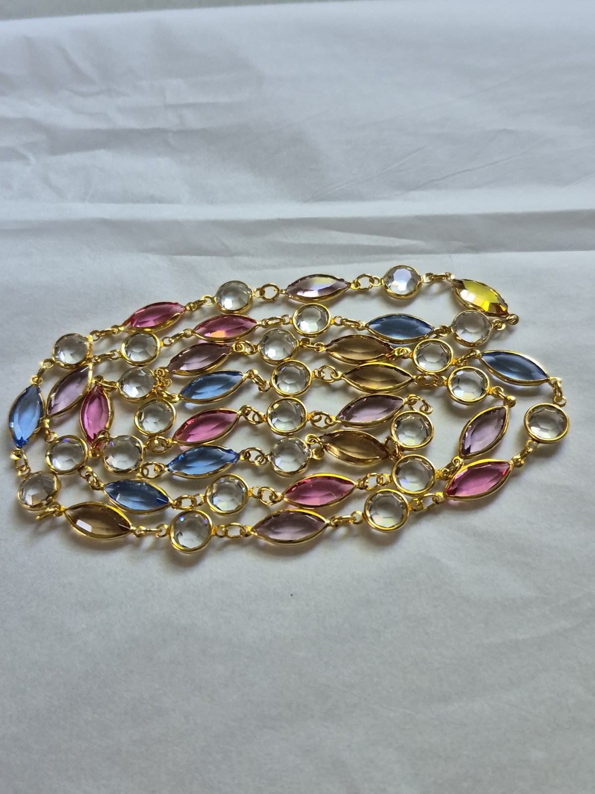 Vintage Multicolor Marquise Faceted Crystal Necklace 35″ Free Ship
