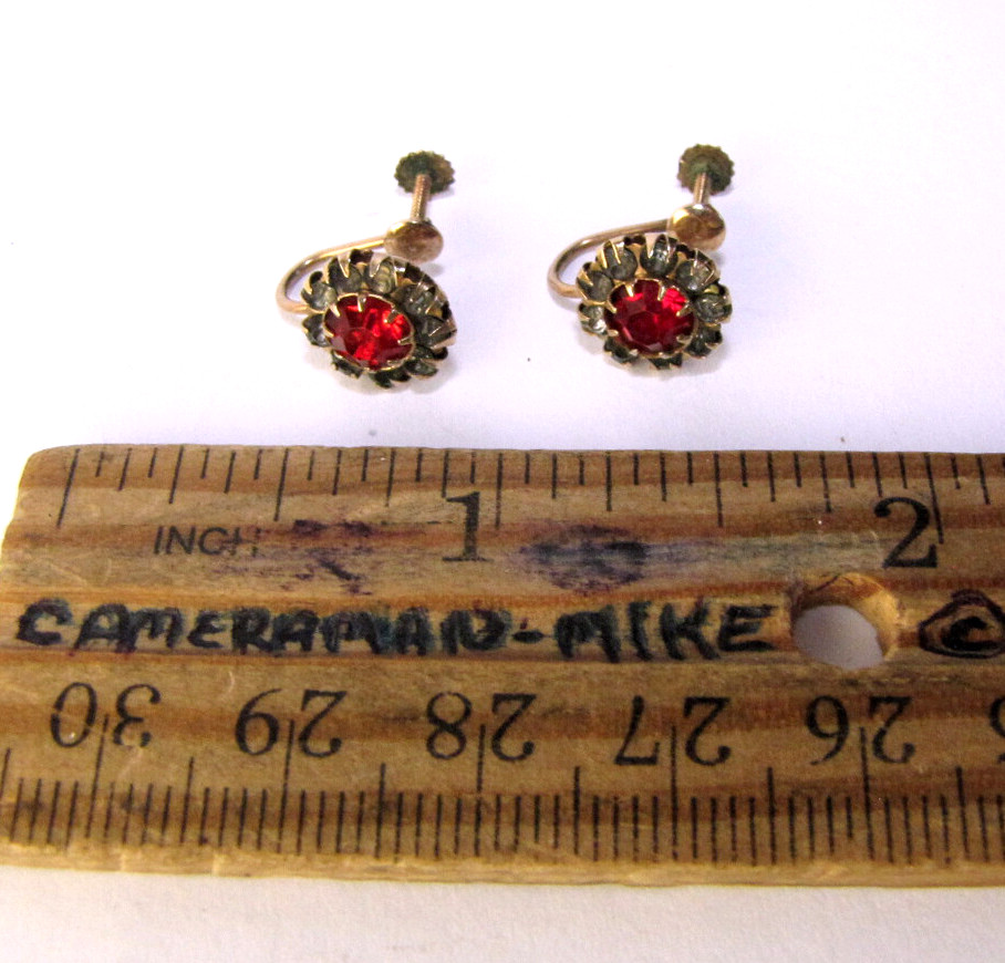 10K Screw Back Earrings Vintage Yellow Gold Red Rhinestone Stud Clip-On